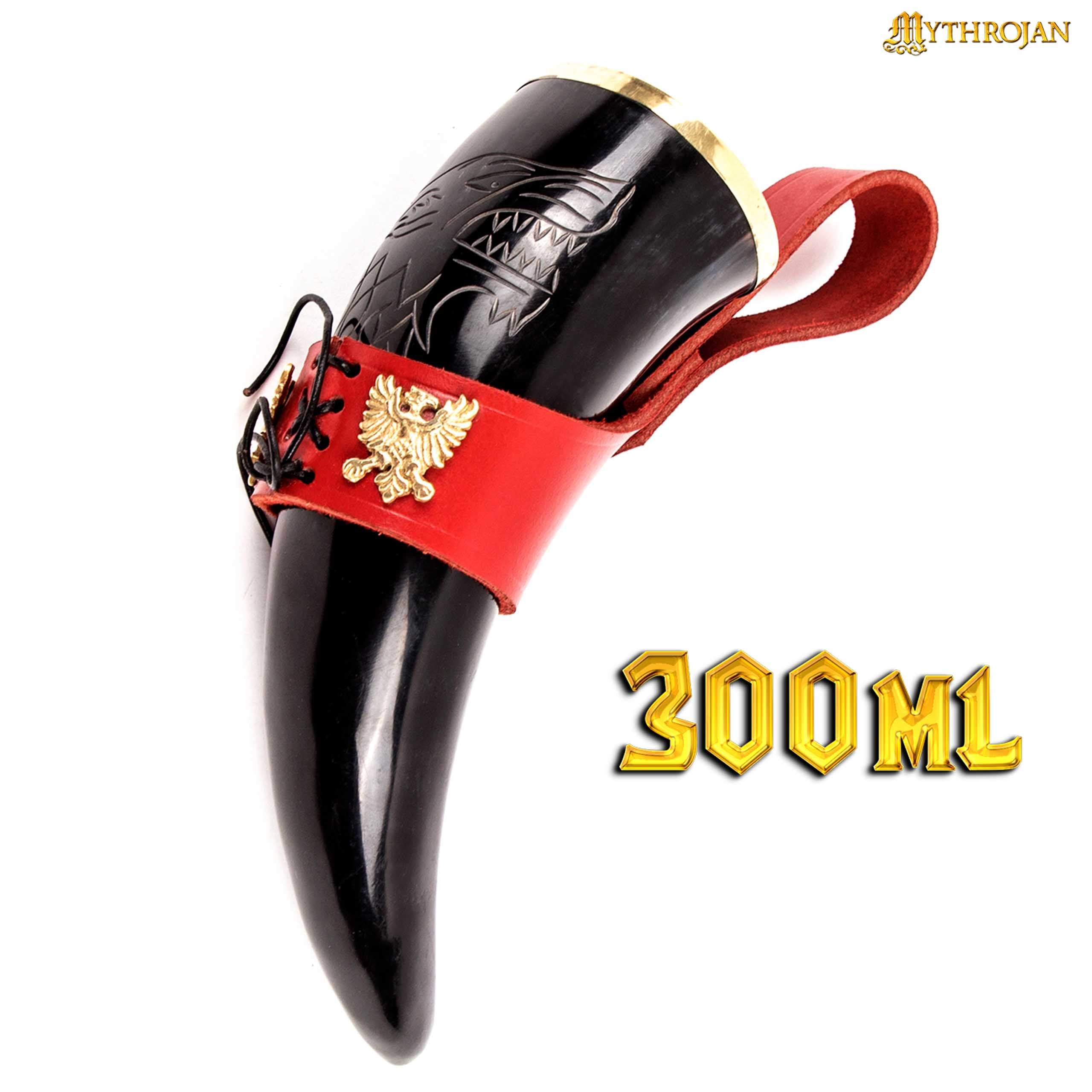 Mythrojan The King of The North - Viking Drinking Horn with Leather Holder - Polished Finish - 300 ML / with Red Leather Holder - 300ML