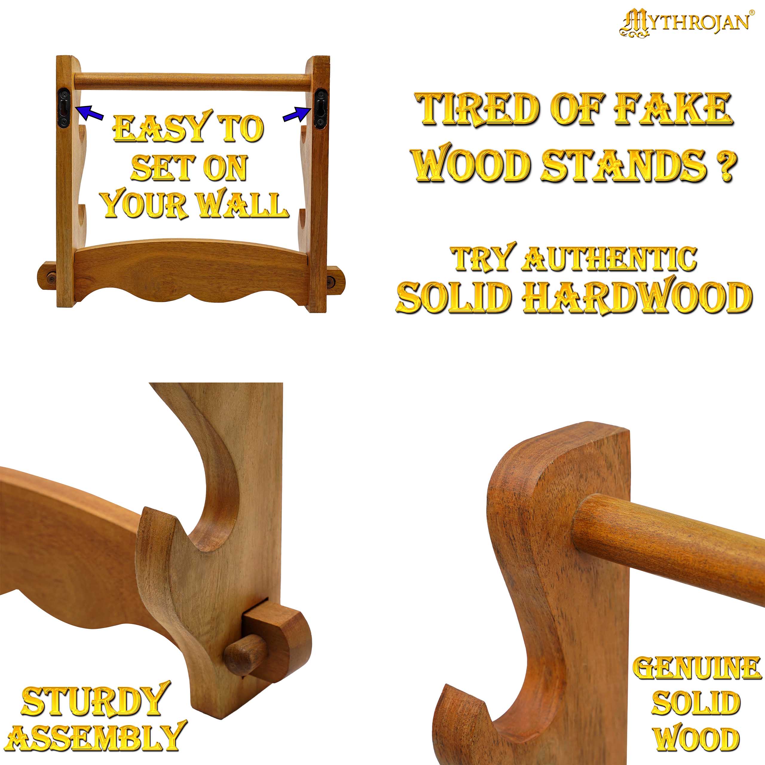 Mythrojan Solid Wood Sword Stand Medieval Sword Wall Mount Samurai Sword Display Stand Katana Sword Holder Gladiator Sword Wall Display Crusader Sword Stand Knife Stand for Display- Two Tier 15" x 12"