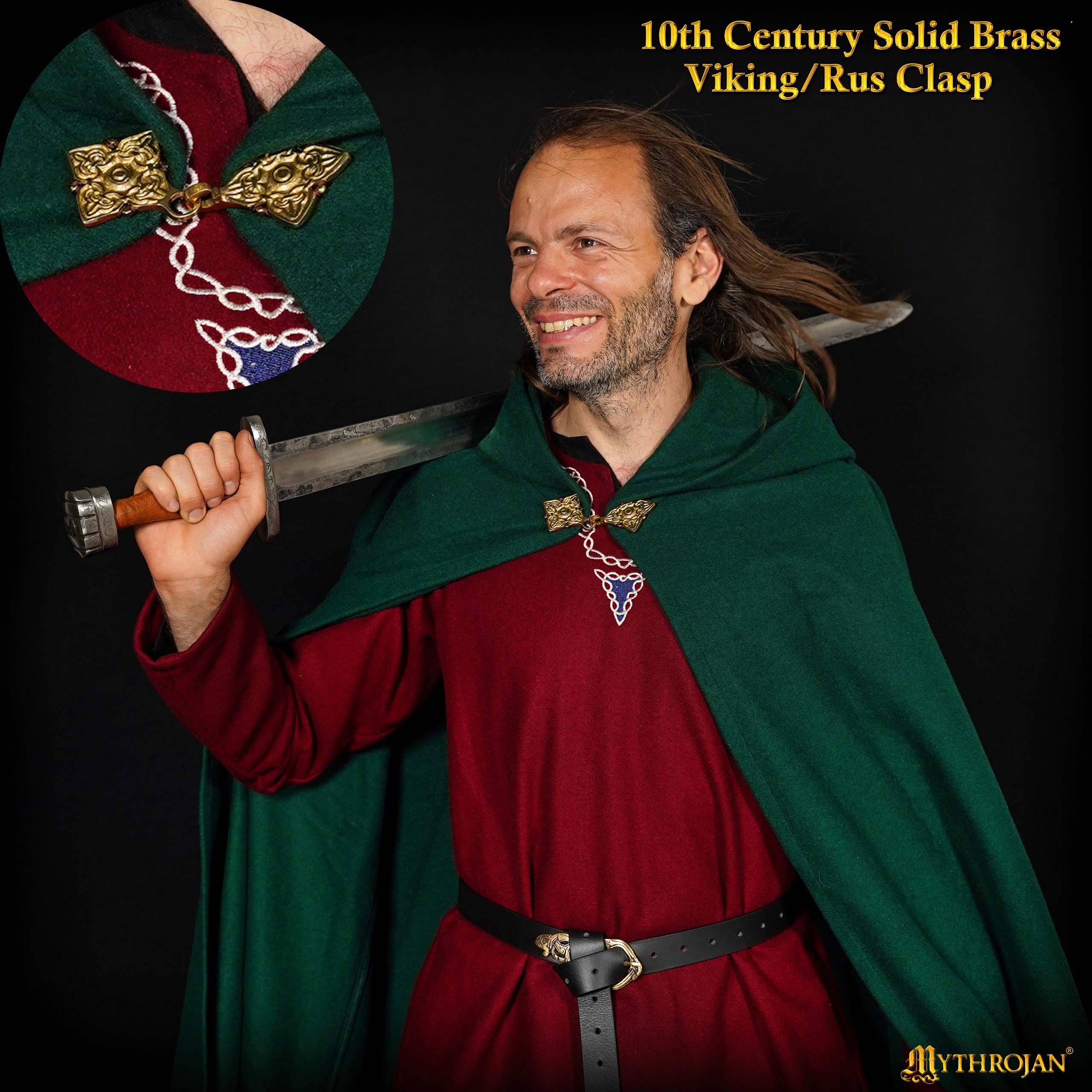 Mythrojan Woolen Hooded Cloak /Cape with BRASS BROOCH Medieval Wool Cape for Ranger LARP SCA Cosplay, Green , Large