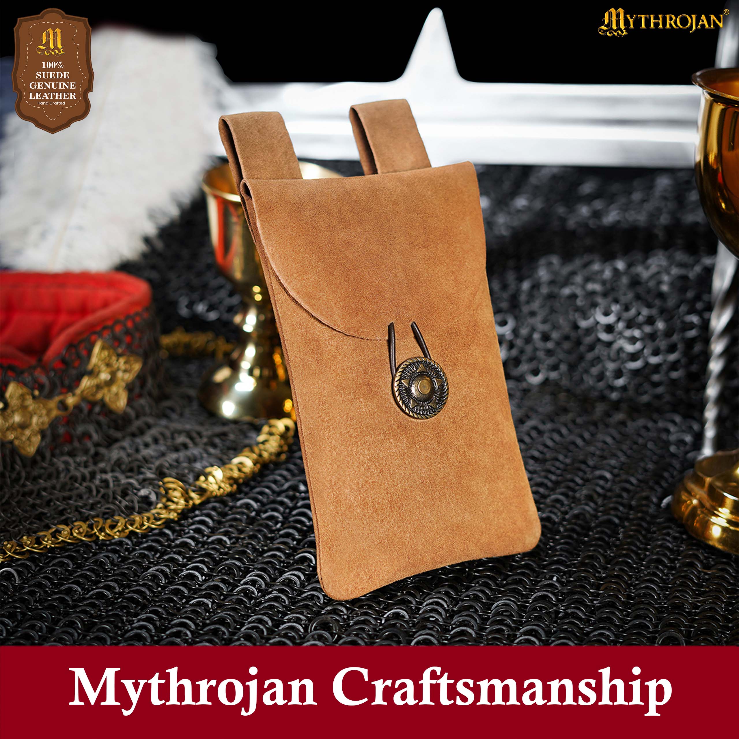 Mythrojan Suede Belt Bag, Ideal for SCA LARP Reenactment & Ren fair, Suede Leather, Brown , 7.2 ”× 4.7 ”