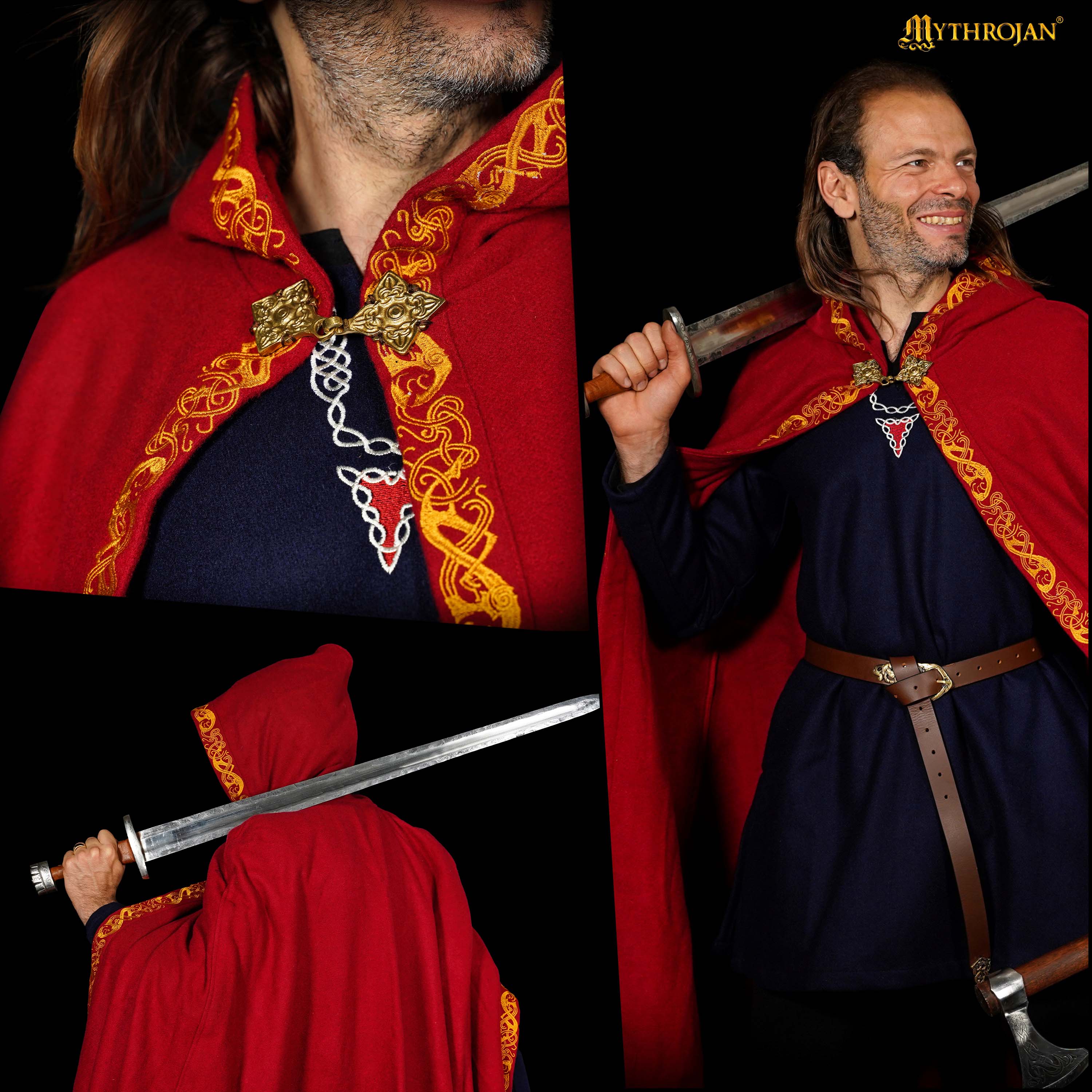 Mythrojan Woolen Embroidered Hooded Cloak /Cape with BRASS BROOCH Wool Cape for Ranger LARP SCA Cosplay