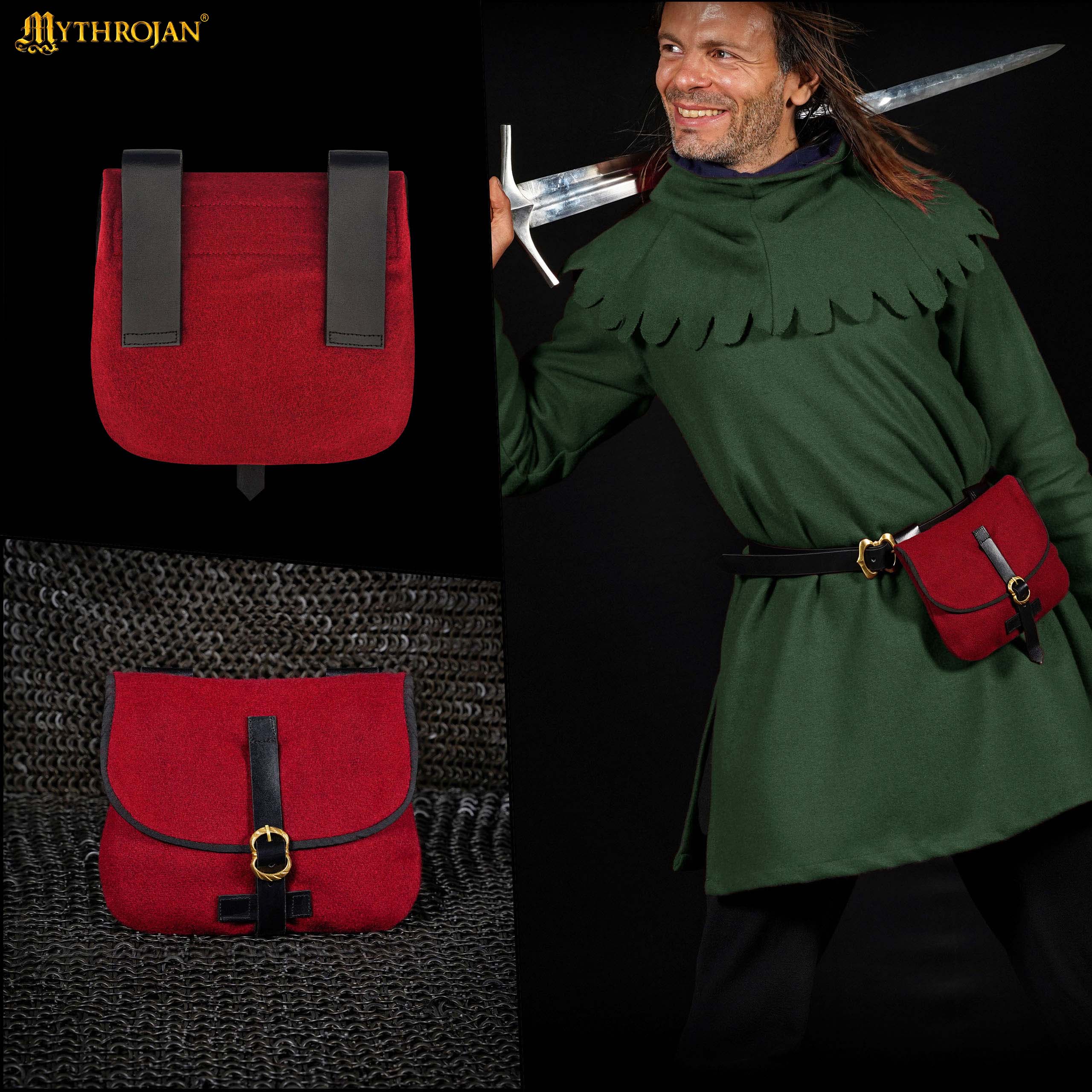 Mythrojan Late Medieval Belt Bag, Ideal for SCA LARP Reenactment & Ren fair, Full Grain Leather and Wool , Maroon , 6.2 ”× 7"