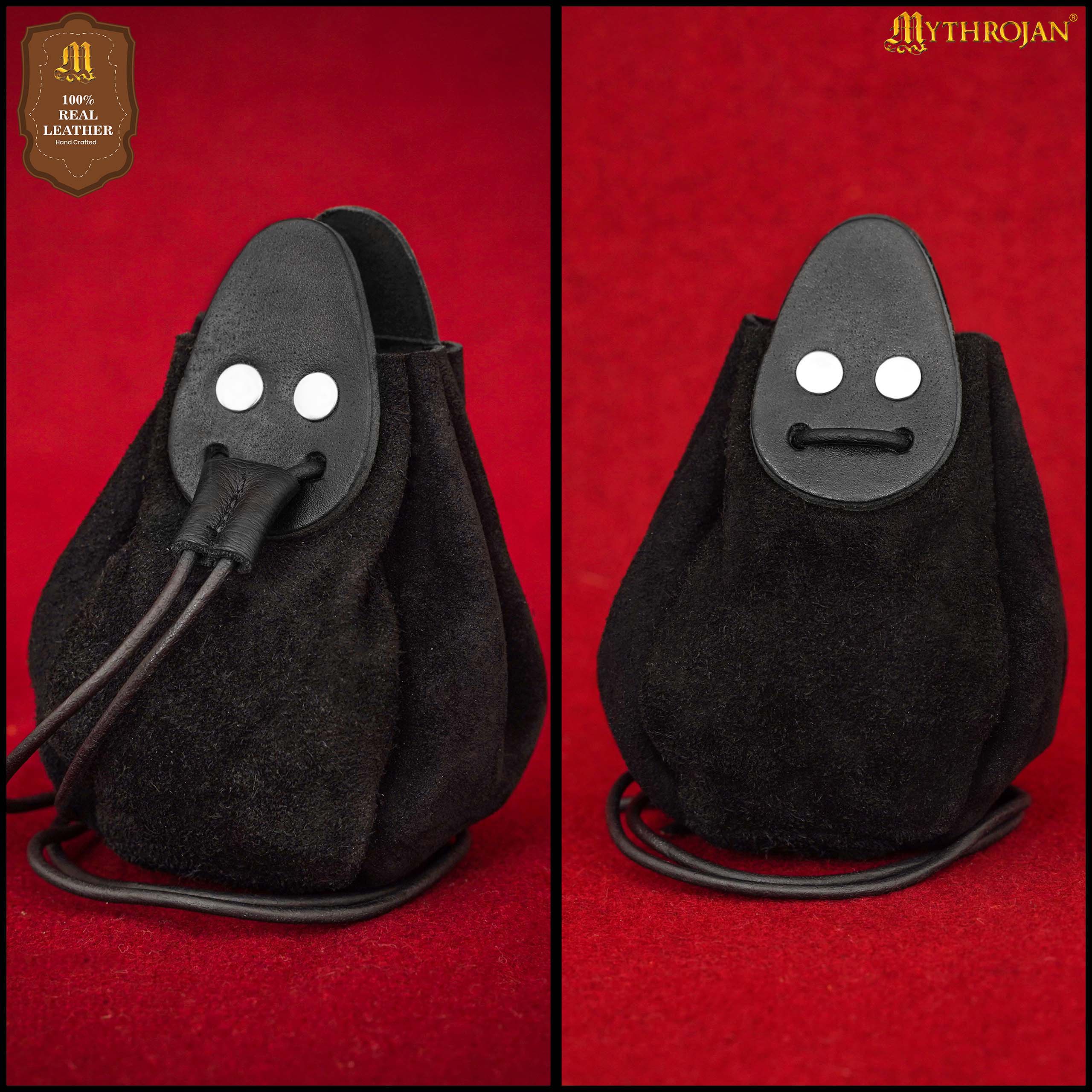 Mythrojan “Gold and Dice” Drawstring Pouch, Ideal for SCA LARP Reenactment & Ren fair - Suede Leather Pouch, Black, 4
