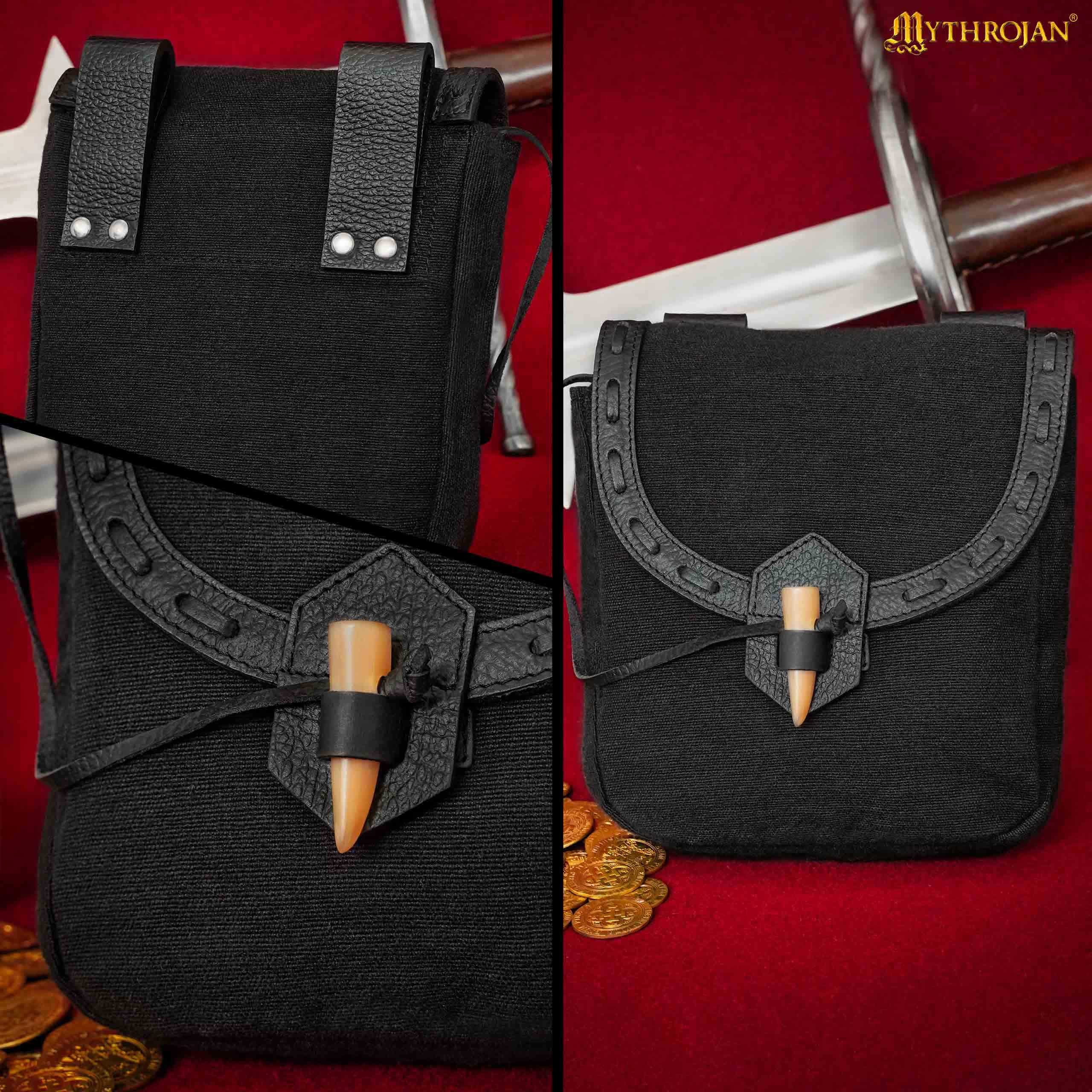 Mythrojan “The Adventurer’s” Belt Bag with Horn Toggle, Ideal for SCA LARP Reenactment & Ren fair, Full Grain Leather and Handwoven Canvas , Black , 8” × 7”