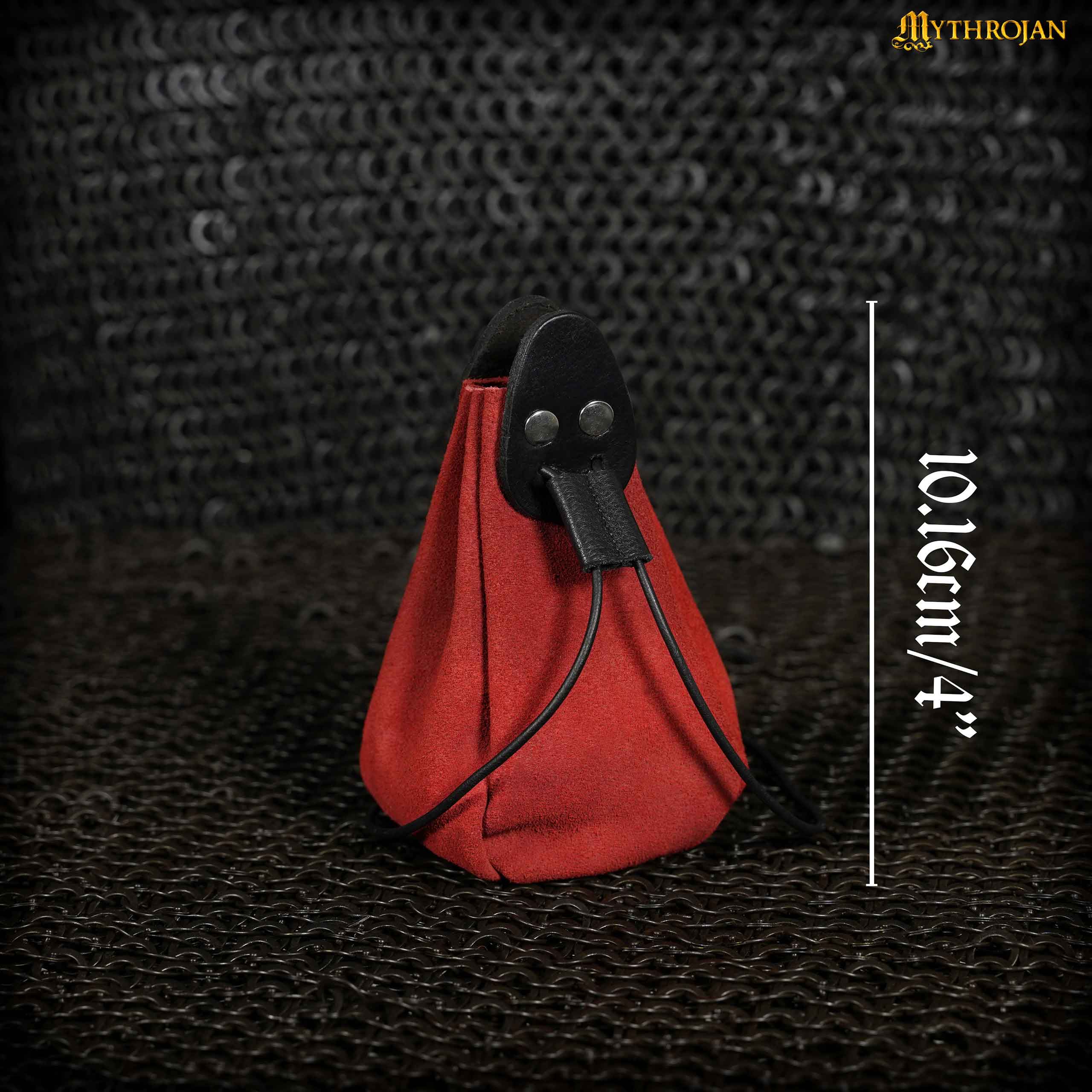 Mythrojan “Gold and Dice” Drawstring Pouch, Ideal for SCA LARP Reenactment & Ren fair - Suede Leather Pouch, Black and Red , 4
