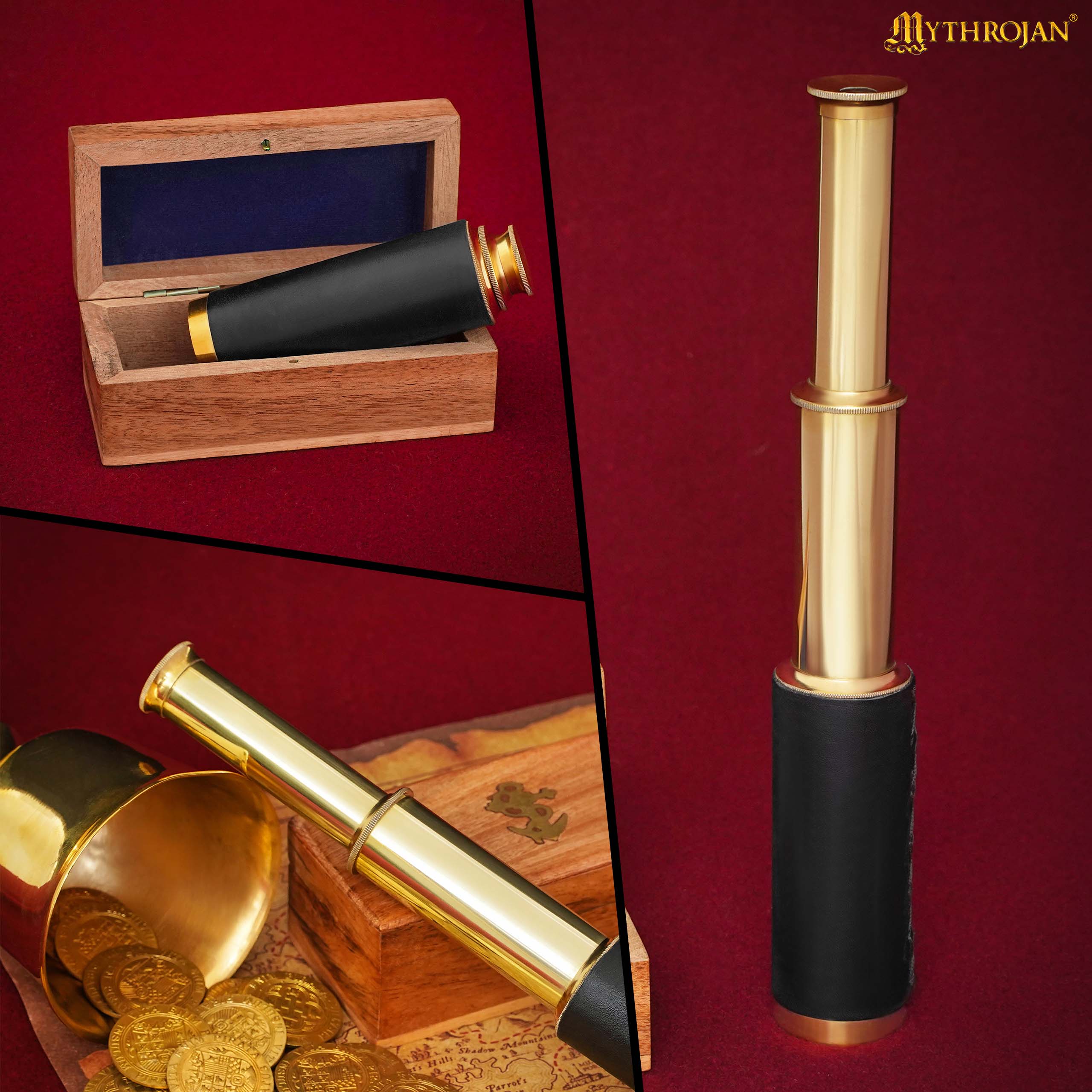 Mythrojan Mini Pirate Spyglass Telescope Brass Colapsable Hand Telescope with Wooden Box Small Vintage Telescope Pirate Decore Brass Decorative Telescope 9&