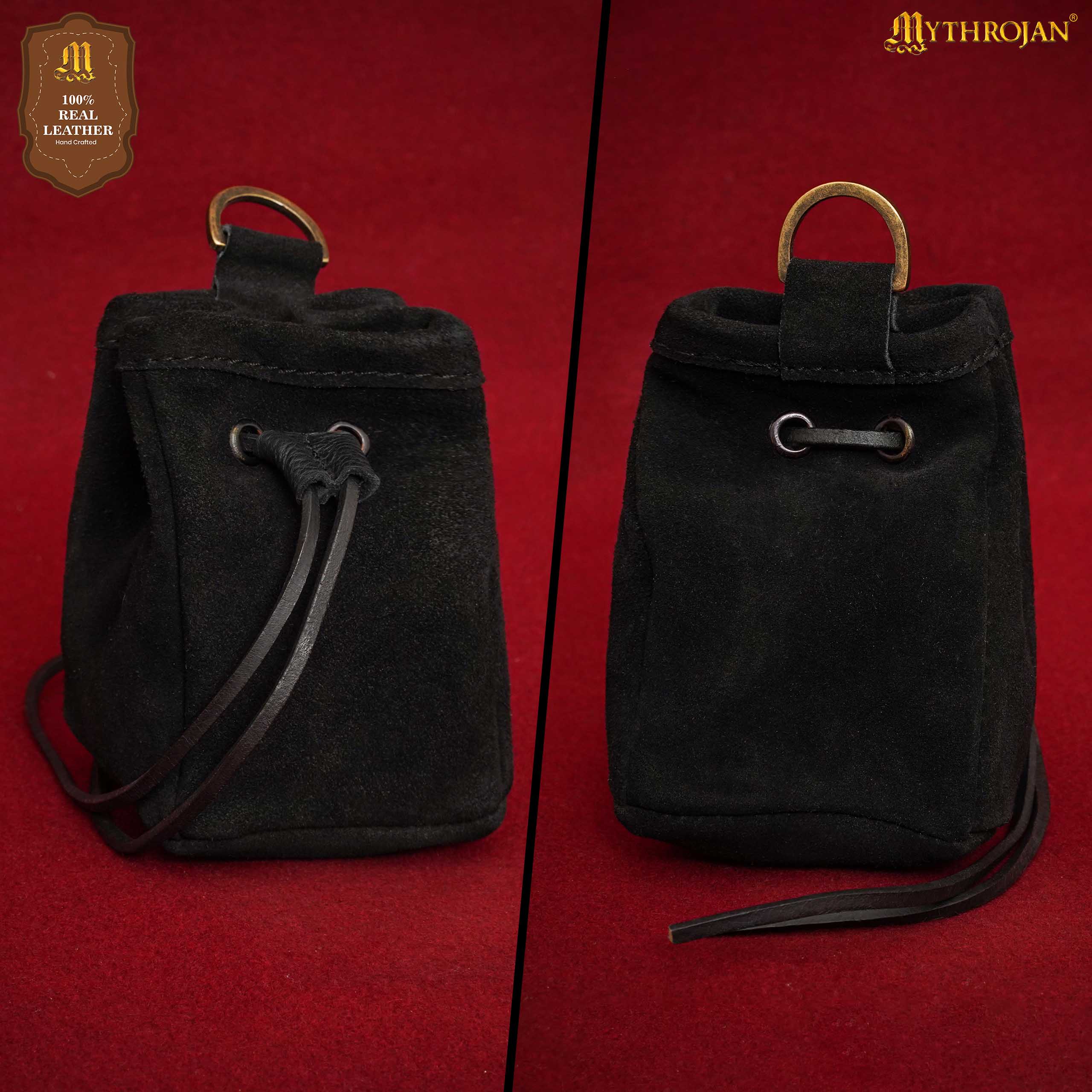 Mythrojan Medieval Drawstring Belt Bag, Ideal for SCA LARP Reenactment & Ren fair , Suede Leather , Black