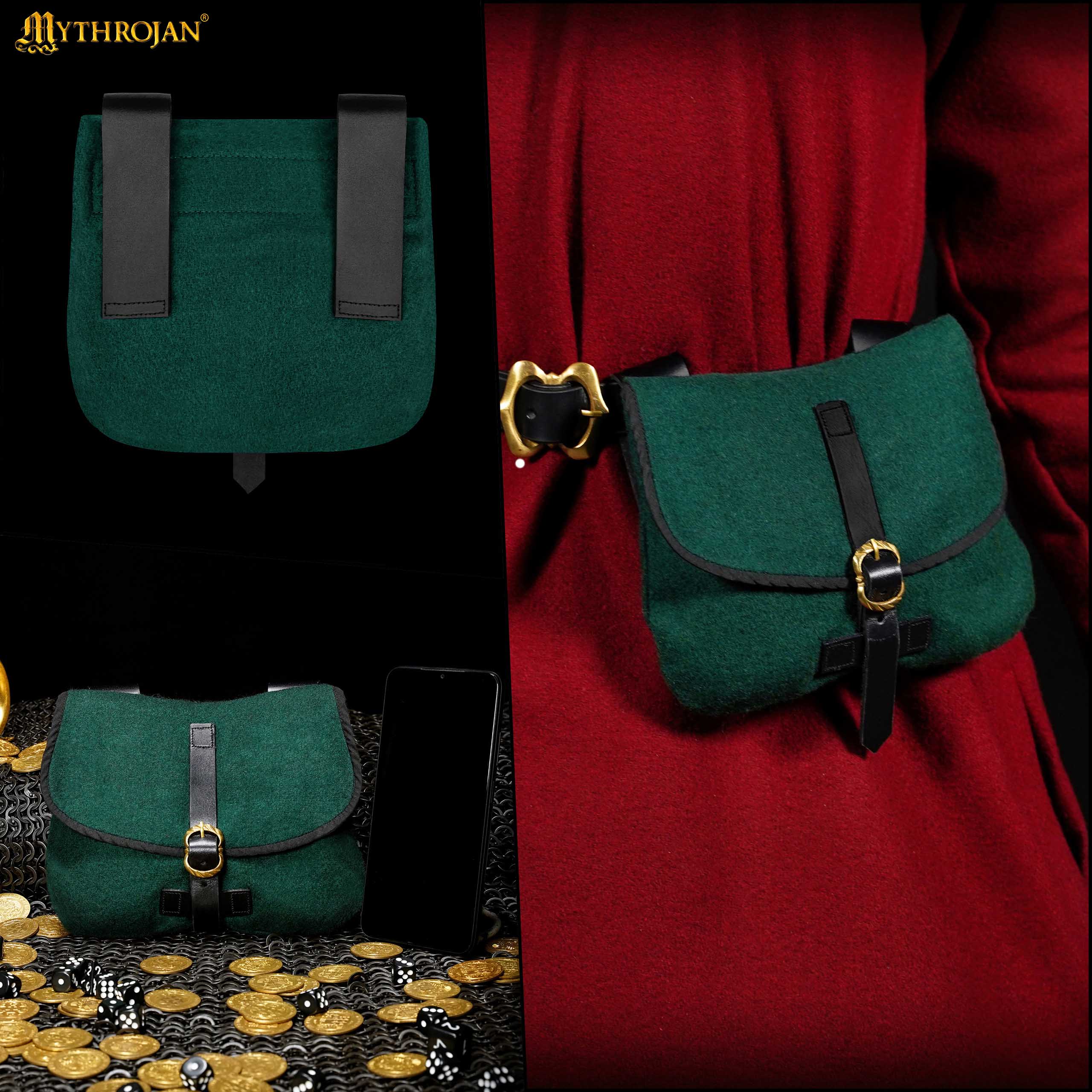 Mythrojan Late Medieval Belt Bag, Ideal for SCA LARP Reenactment & Ren fair, Full Grain Leather and Wool , Green , 6.2 ”× 7 ”