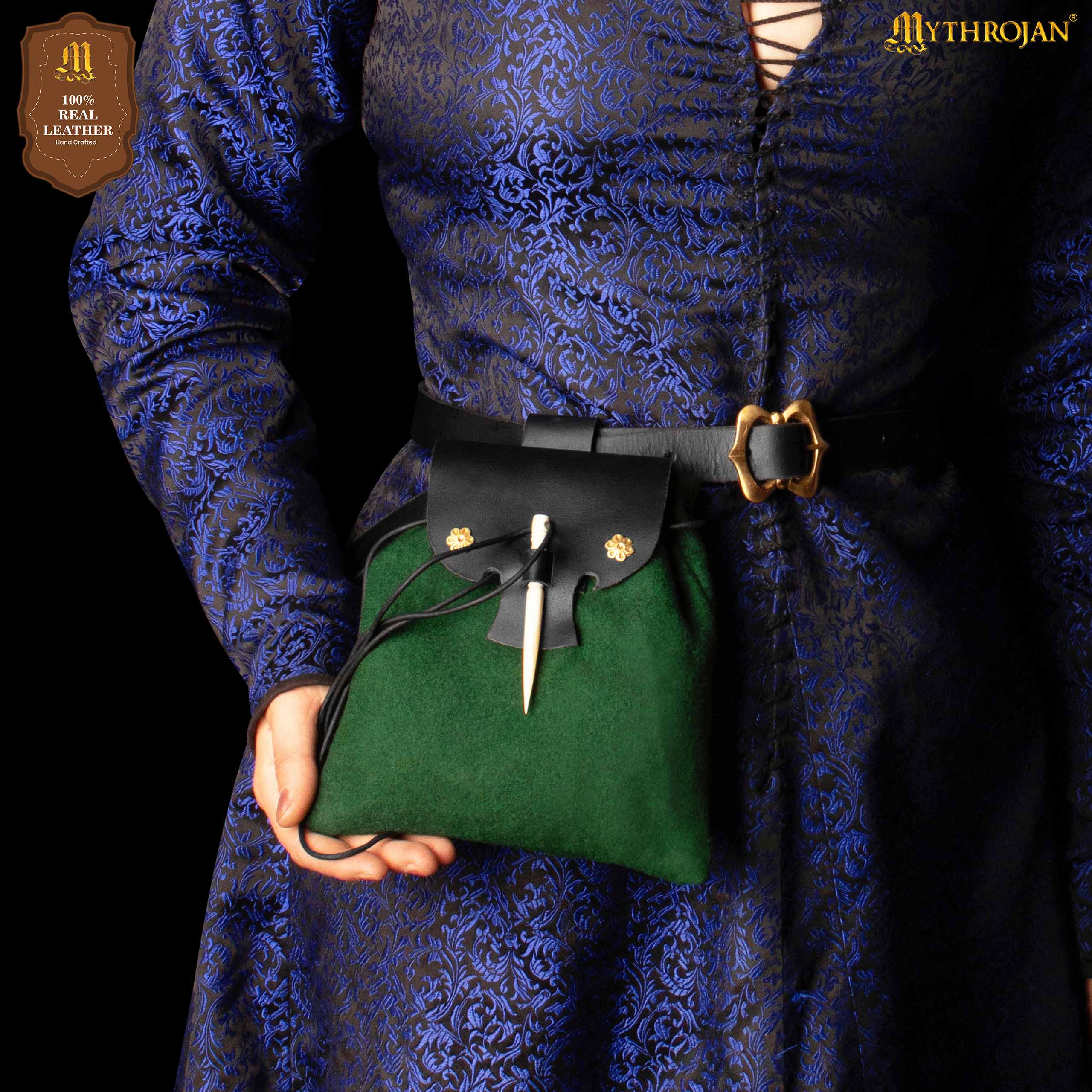 Mythrojan “Gold and Dice” Medieval Fantasy Belt Bag with Bone Needle Closure, Ideal for SCA LARP reenactment & Ren fair, Black and Green, 7”×7”