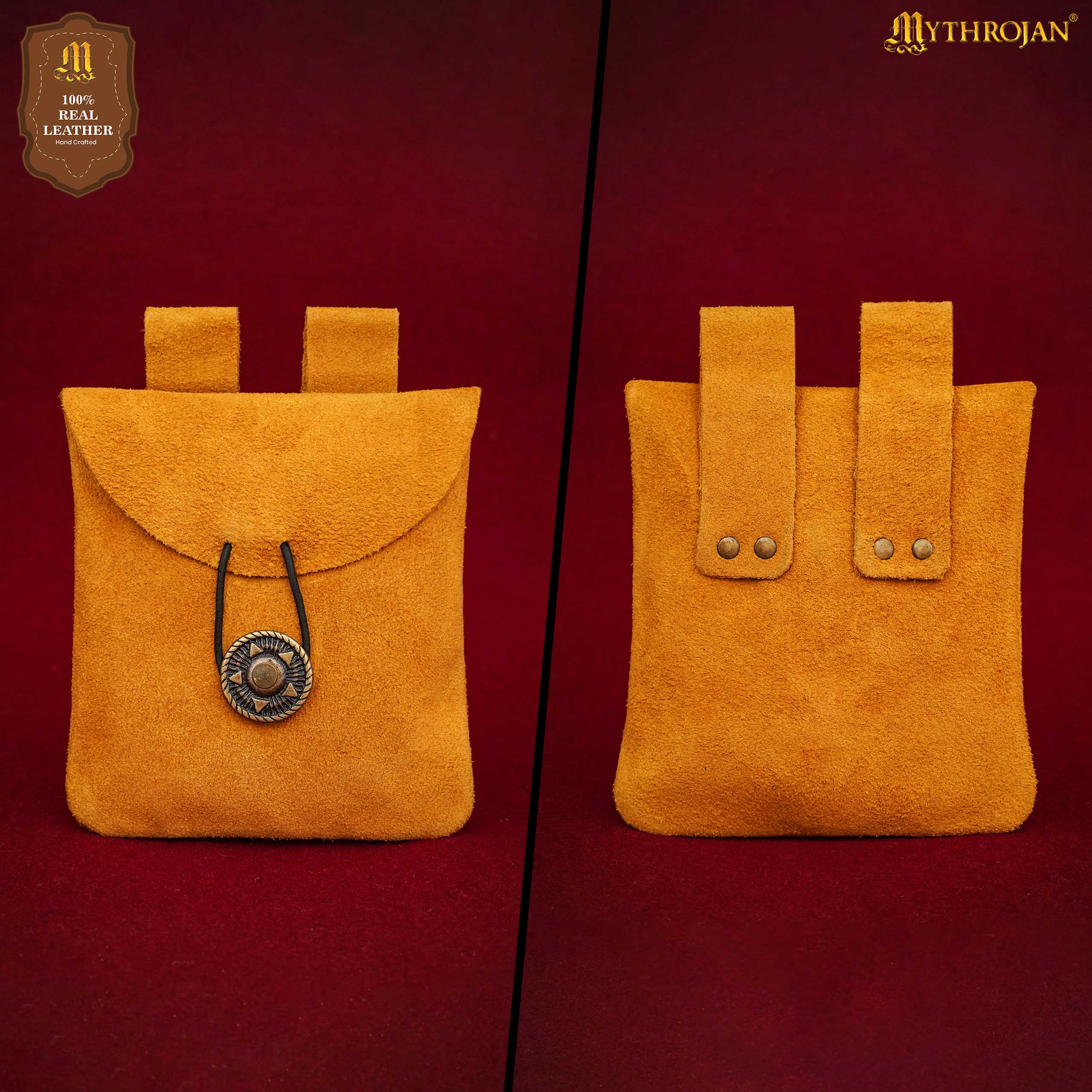 Mythrojan Suede Belt Bag, Ideal for SCA LARP Reenactment & Ren fair, Suede Leather, Yellow , 5 .5”× 5.1 ”