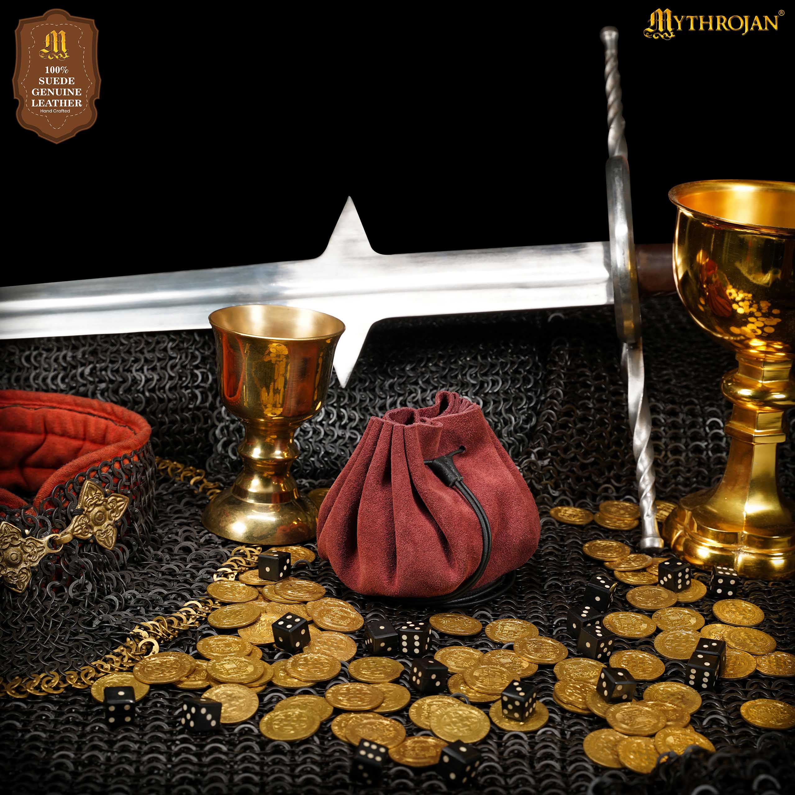 Mythrojan “ Gold and Dice ” Medieval Drawstring Bag, Ideal for SCA LARP Reenactment & Ren fair - Suede Leather Pouch, Wine Red 3.5"