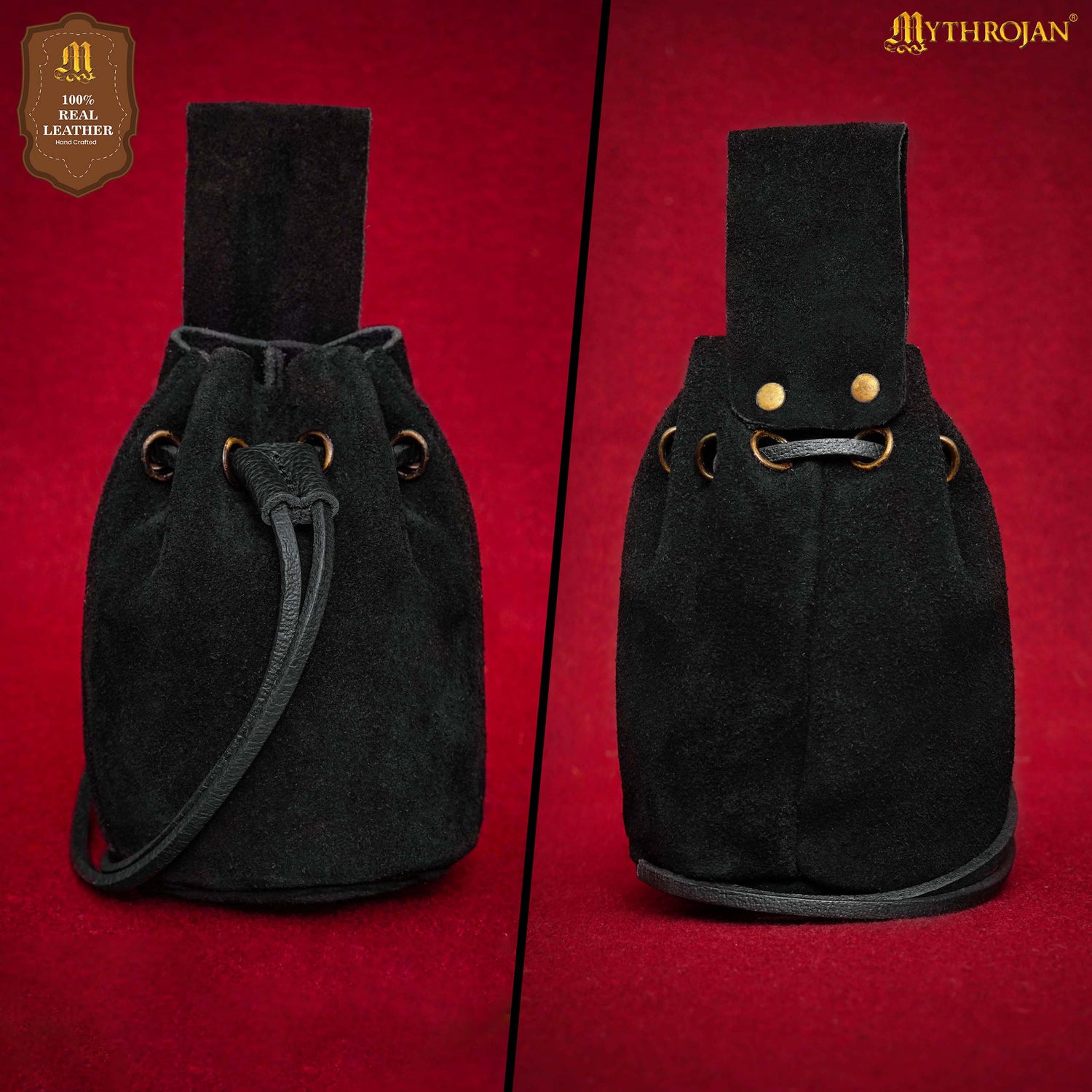 Mythrojan Medieval Drawstring Belt Bag, Ideal for SCA LARP Reenactment & Ren fair , Suede Leather , Black 6” ×5 ”