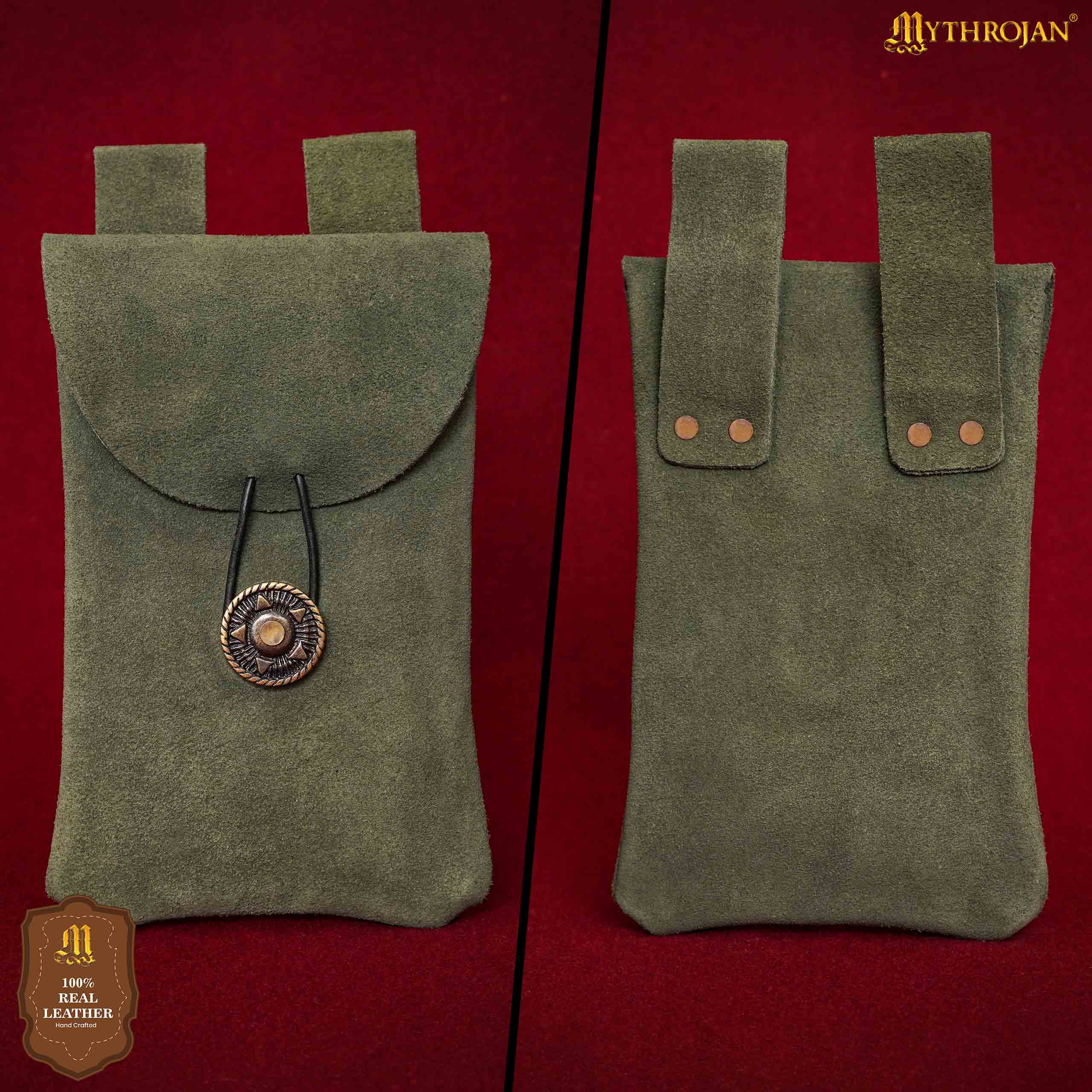 Mythrojan Suede Belt Bag, Ideal for SCA LARP Reenactment & Ren fair, Suede Leather, Dark Green , 7.2 ”× 4.7 ”