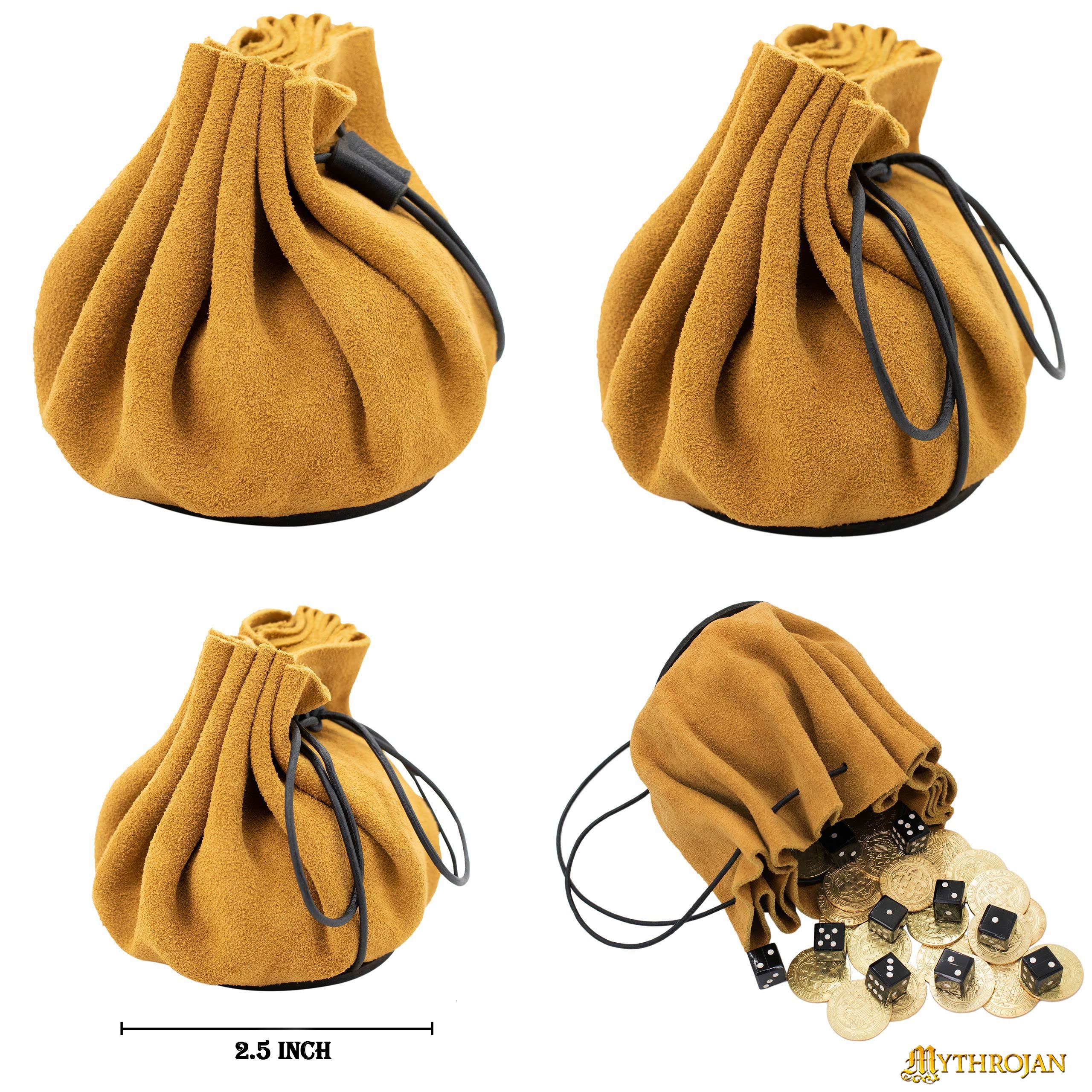 Mythrojan “ Gold and Dice ” Medieval Drawstring Pouch , Ideal for SCA LARP Reenactment & Ren fair : Suede Leather Bag , 2.5"
