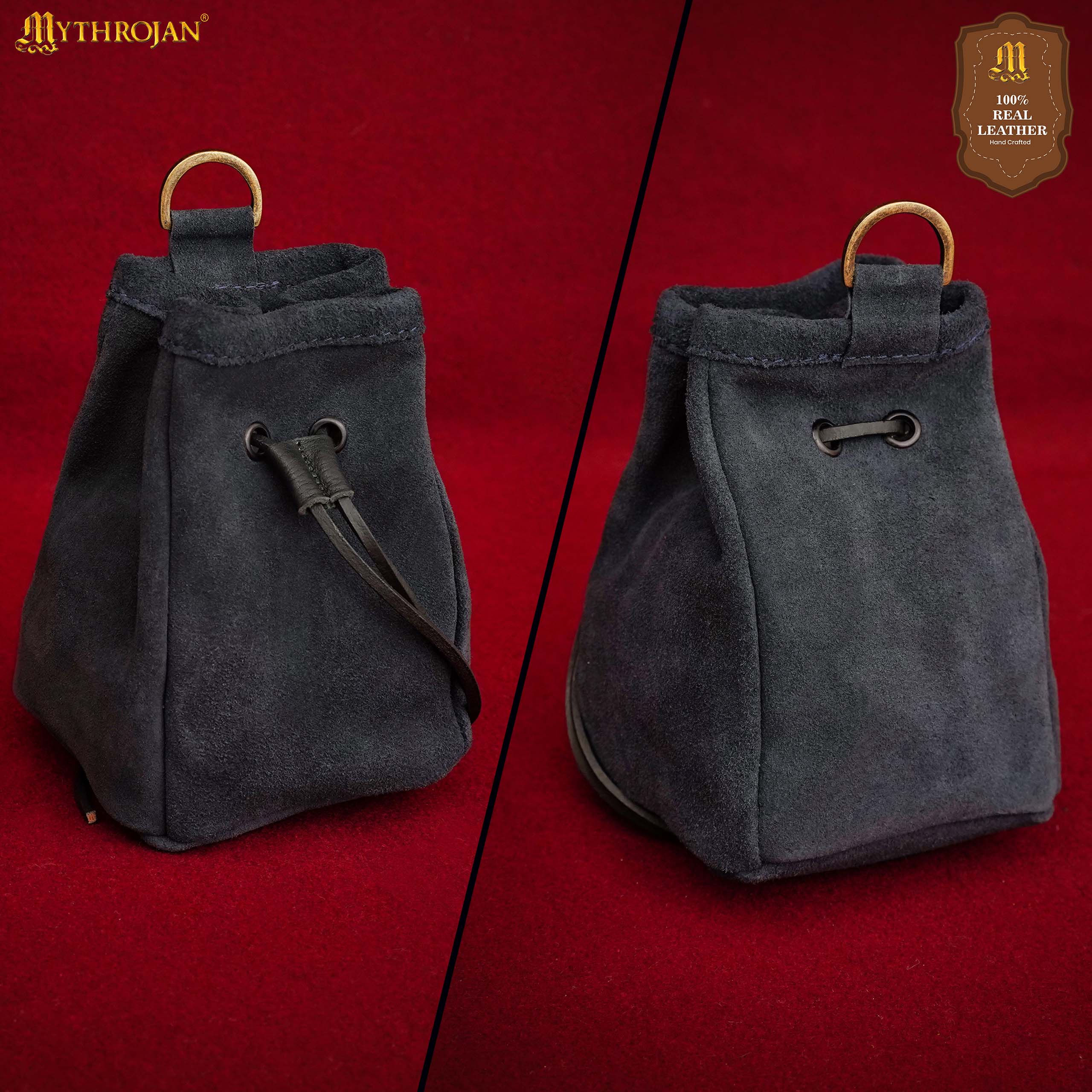 Mythrojan Medieval Drawstring Belt Bag, ideal for SCA LARP reenactment & Ren fair, Suede Leather, Midnight Navy Blue, 6.5”×4.5”