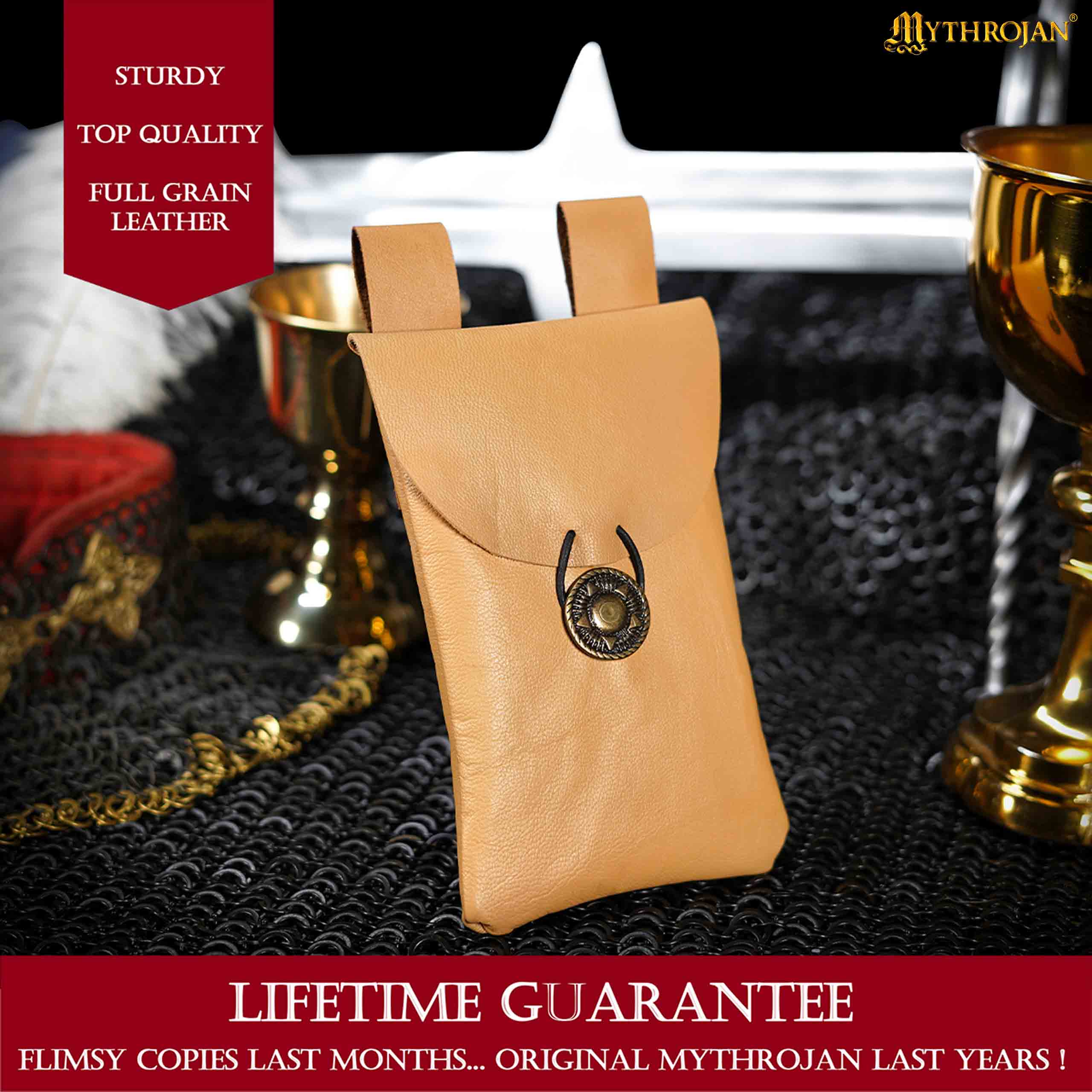 Mythrojan Leather Belt Bag, Ideal for SCA LARP Reenactment & Ren fair, Full Grain Leather, Natural , 7.2 ”× 4.7 ”