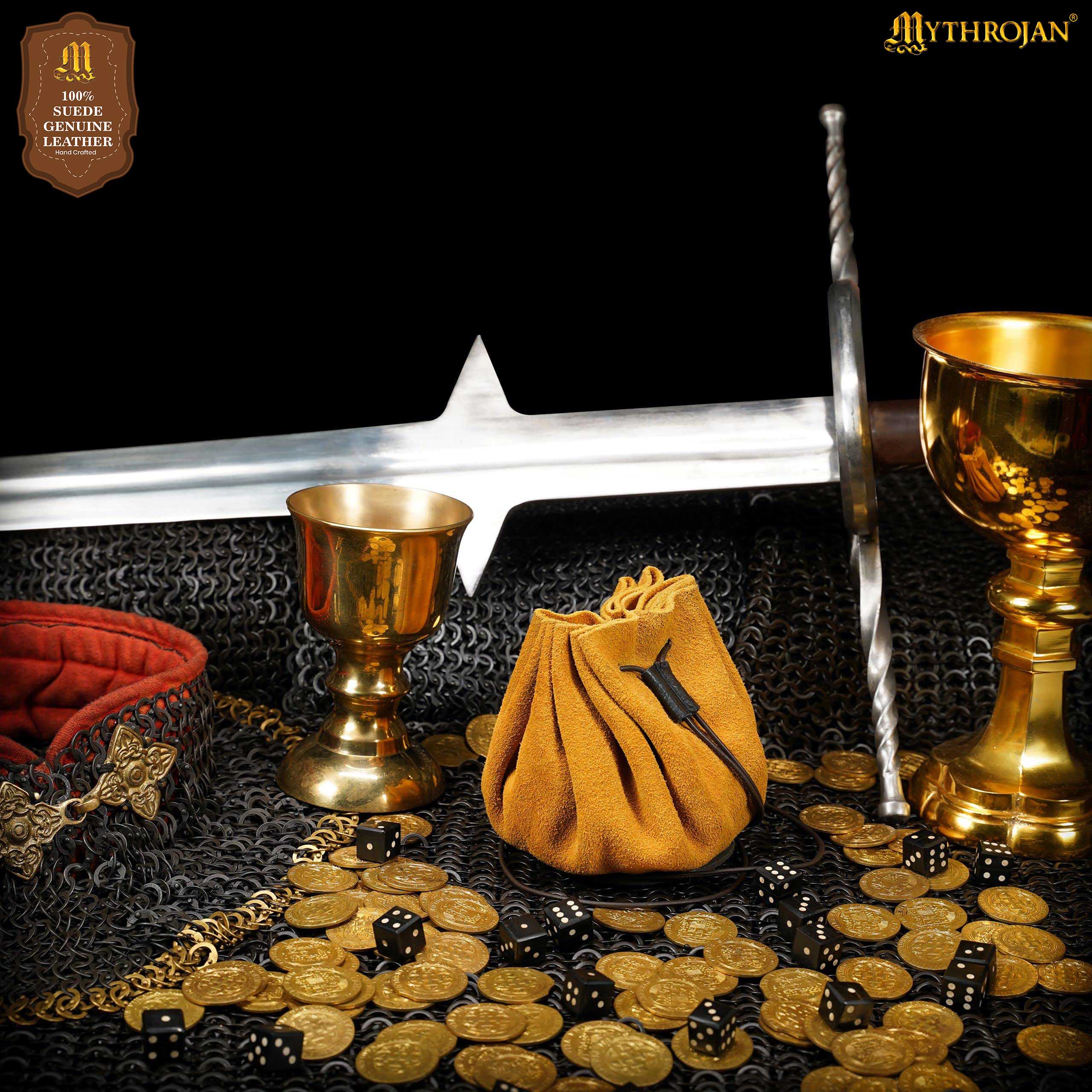 Mythrojan “ Gold and Dice ” Medieval Drawstring Pouch , Ideal for SCA LARP Reenactment & Ren fair : Suede Leather Bag , 3.5”