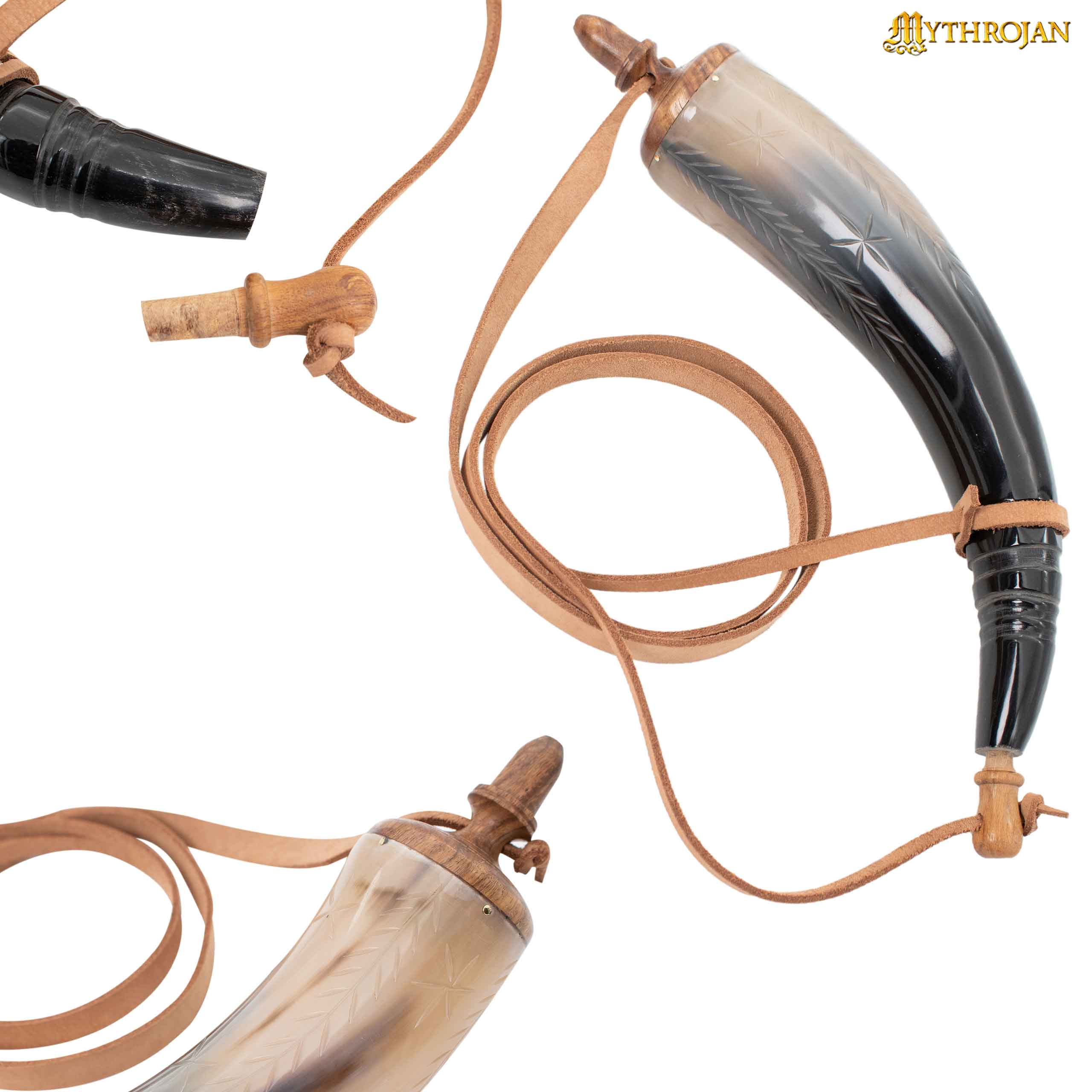 Mythrojan Hand Carved Powder 14" Horn with Leather Strap for Civil War Re-Enactment Black Powder - Mountain Man Reenactment - Natural