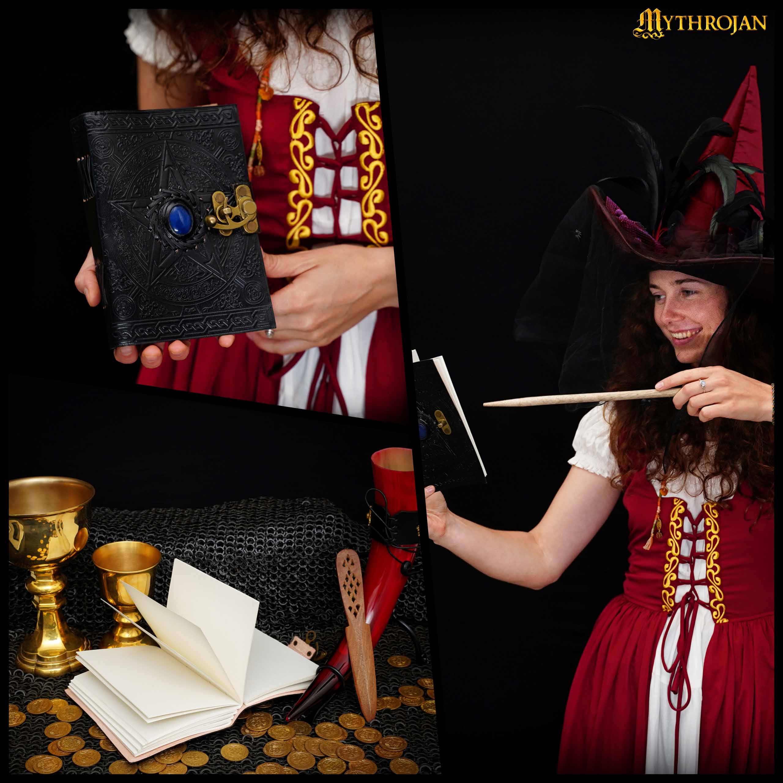 Mythrojan Vintage Antique Leather Journal with Semi Precious Stone Black Pentagram Star Design - Book of Shadows, Grimoire Journal, for Men and Women - 7 x 5 Inch