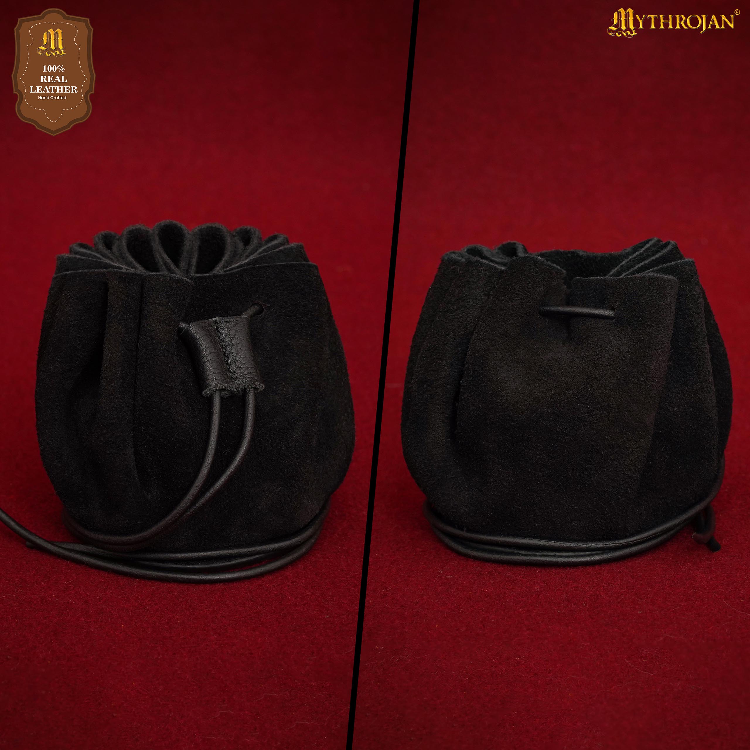 Mythrojan “Gold and Dice” Medieval Drawstring Bag, Ideal for SCA LARP Reenactment & Ren Fair-Suede Leather Pouch, Deep Black 2.5”