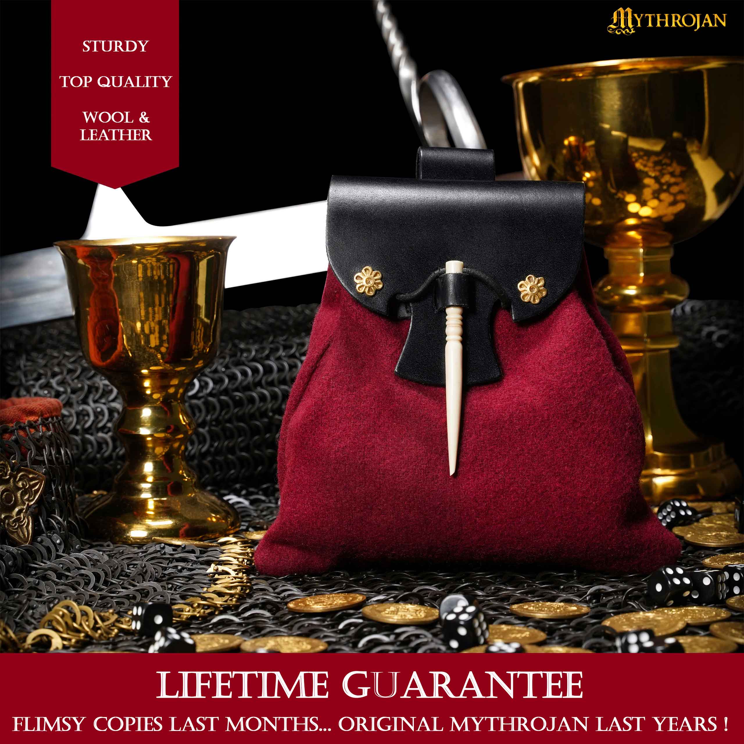 Mythrojan “Gold and Dice” Medieval Fantasy Belt Bag with Bone Needle Closure, Ideal for SCA LARP reenactment & Ren fair, Black and Maroon, 7”×7”