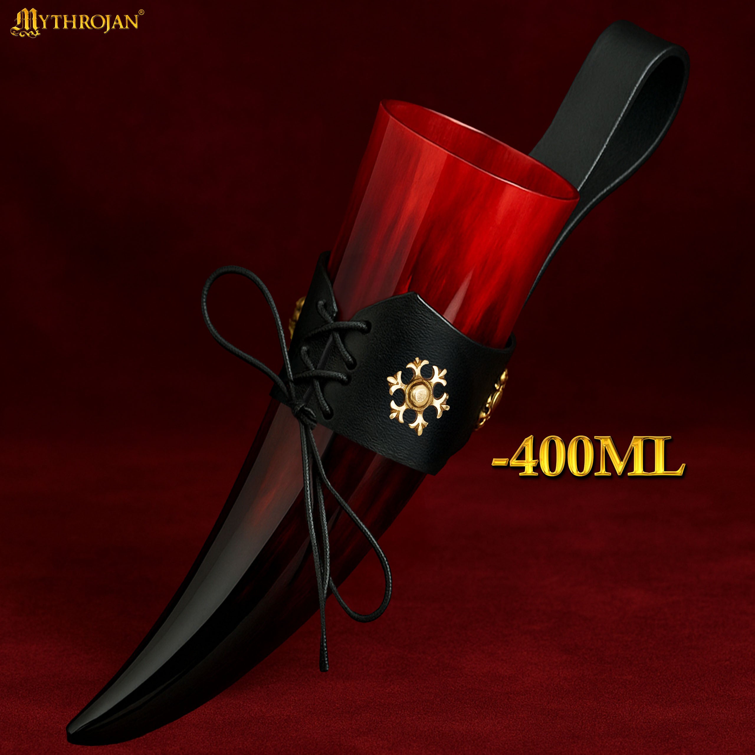 Mythrojan The Red Witch Viking Drinking Horn with Leather holder Authentic Medieval Inspired Viking Wine/Mead Mug - Polished Finish - 400ML