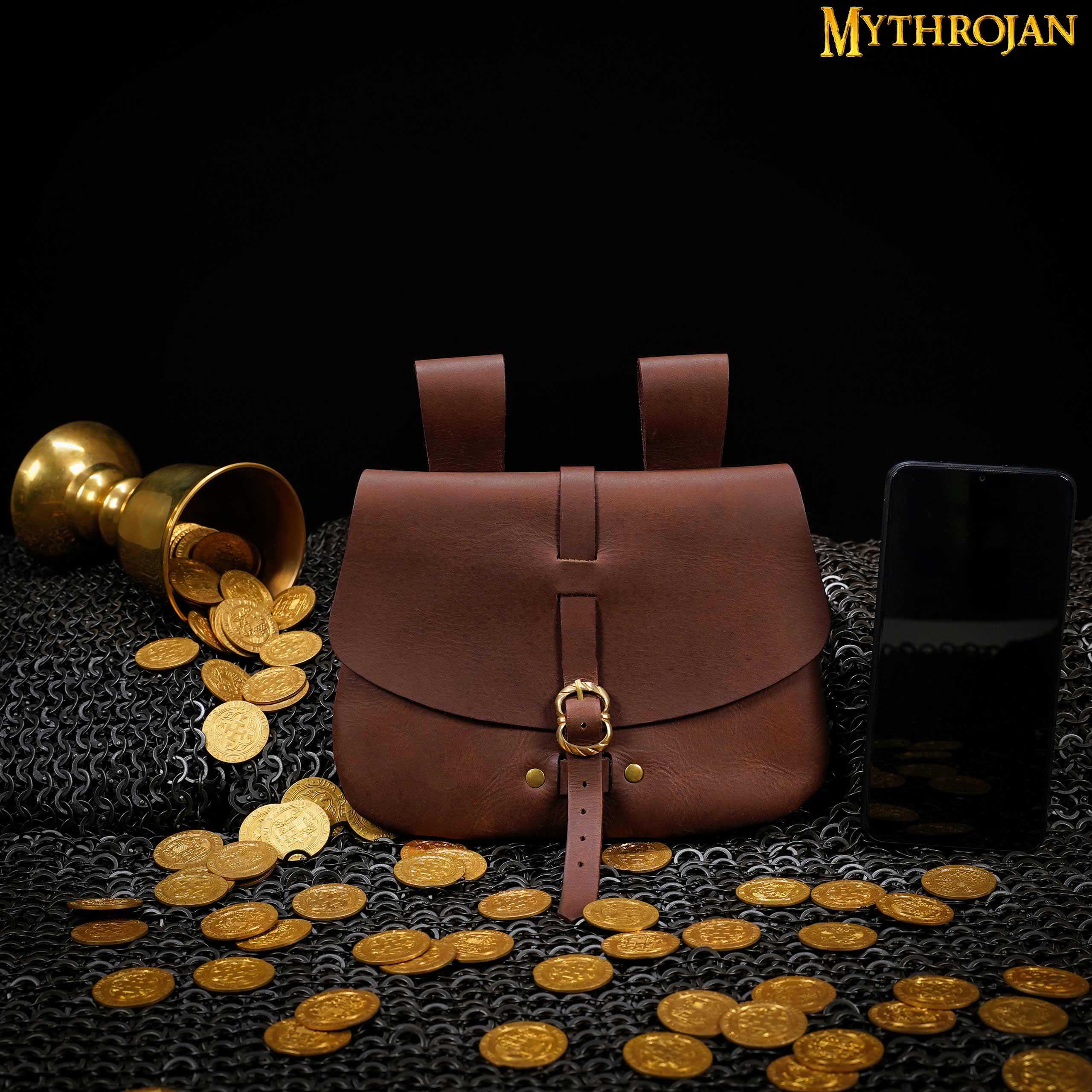 Mythrojan Medieval Leather Bag, Ideal for SCA LARP Reenactment & Ren fair , Full Grain Leather, Brown 6.2 ”× 7 ”