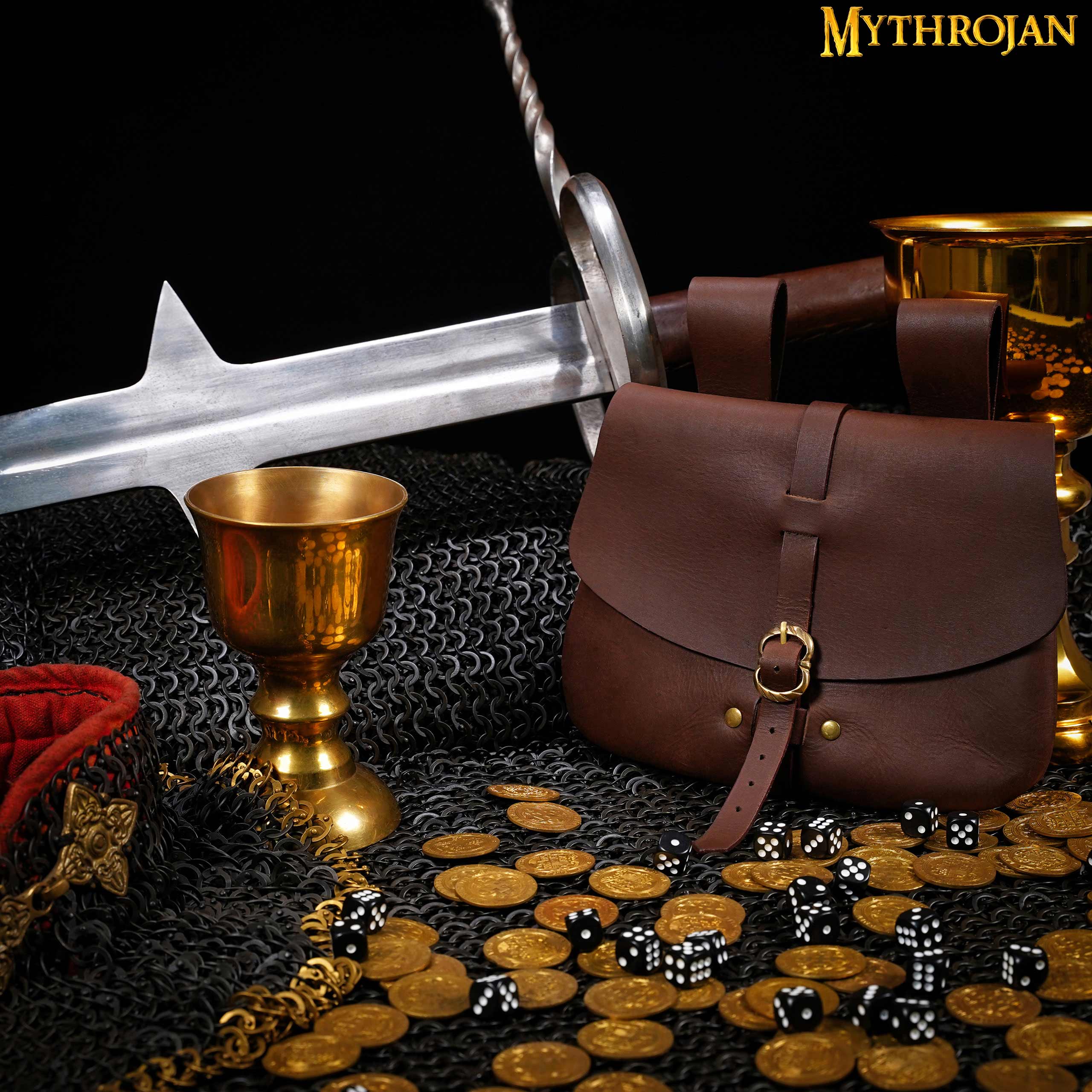 Mythrojan Medieval Leather Bag, Ideal for SCA LARP Reenactment & Ren fair , Full Grain Leather, Brown 6.2 ”× 7 ”