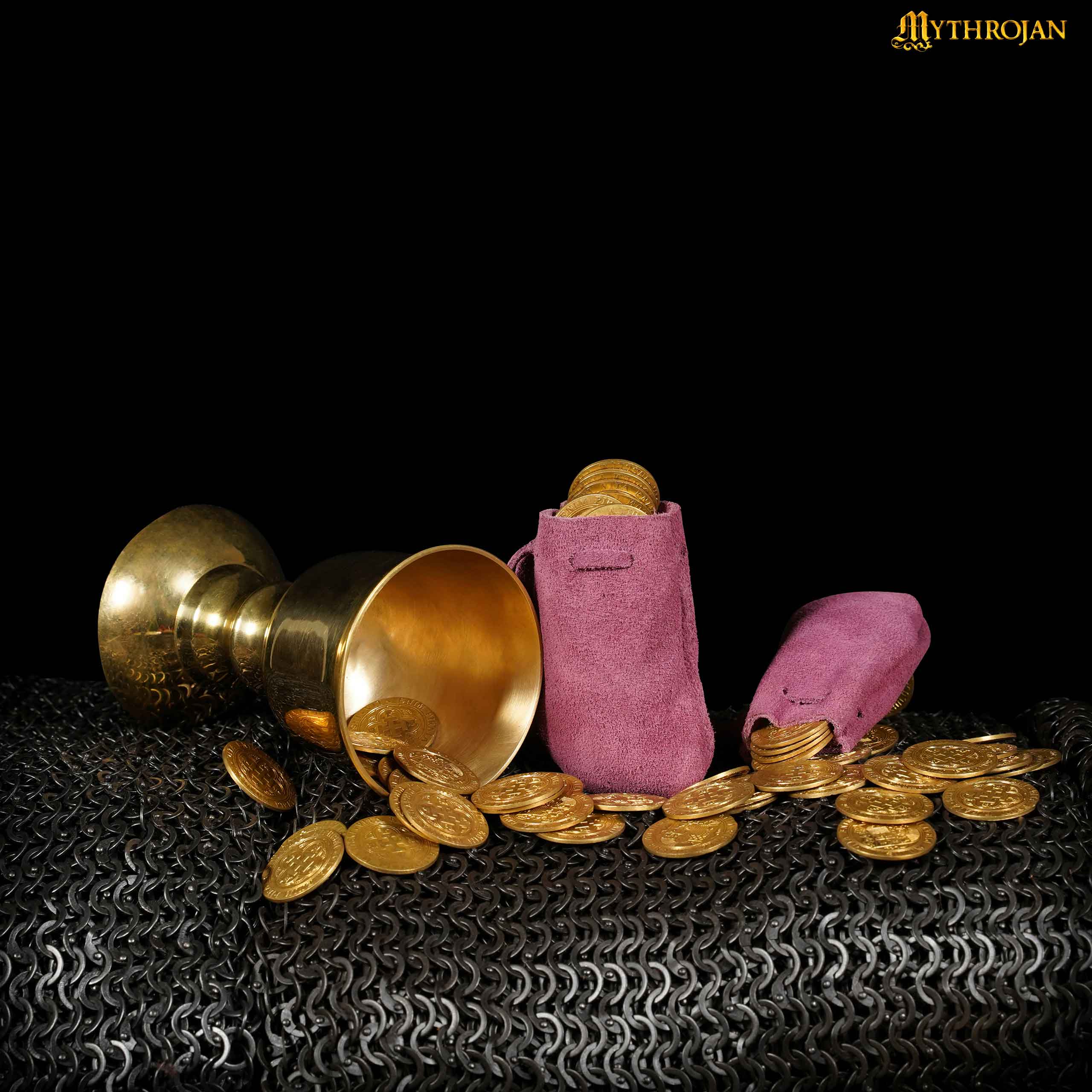 Mythrojan Pair of Medieval Drawstring Pouches, Ideal for SCA LARP Reenactment & Ren fair - Suede Leather, Purple