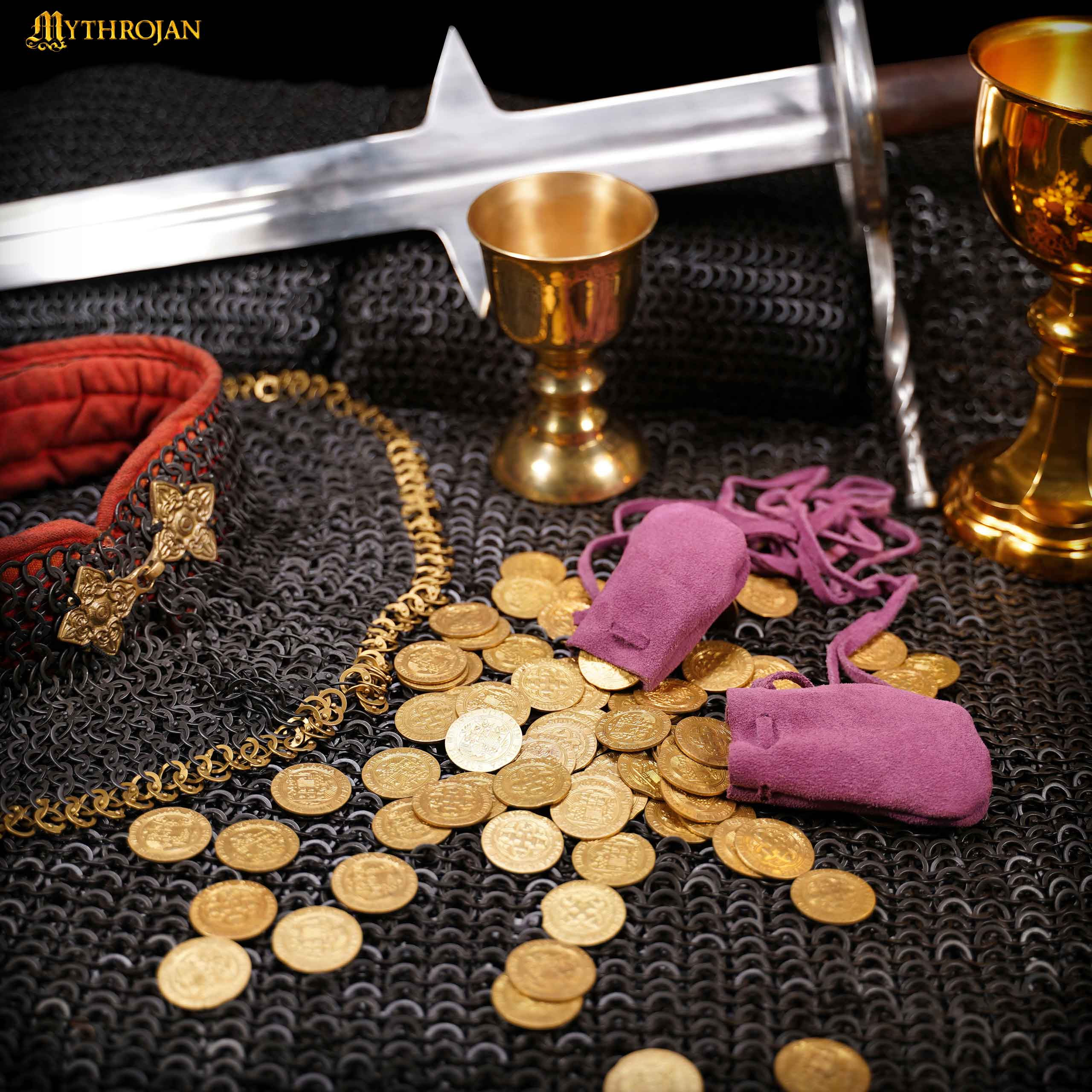 Mythrojan Pair of Medieval Drawstring Pouches, Ideal for SCA LARP Reenactment & Ren fair - Suede Leather, Purple