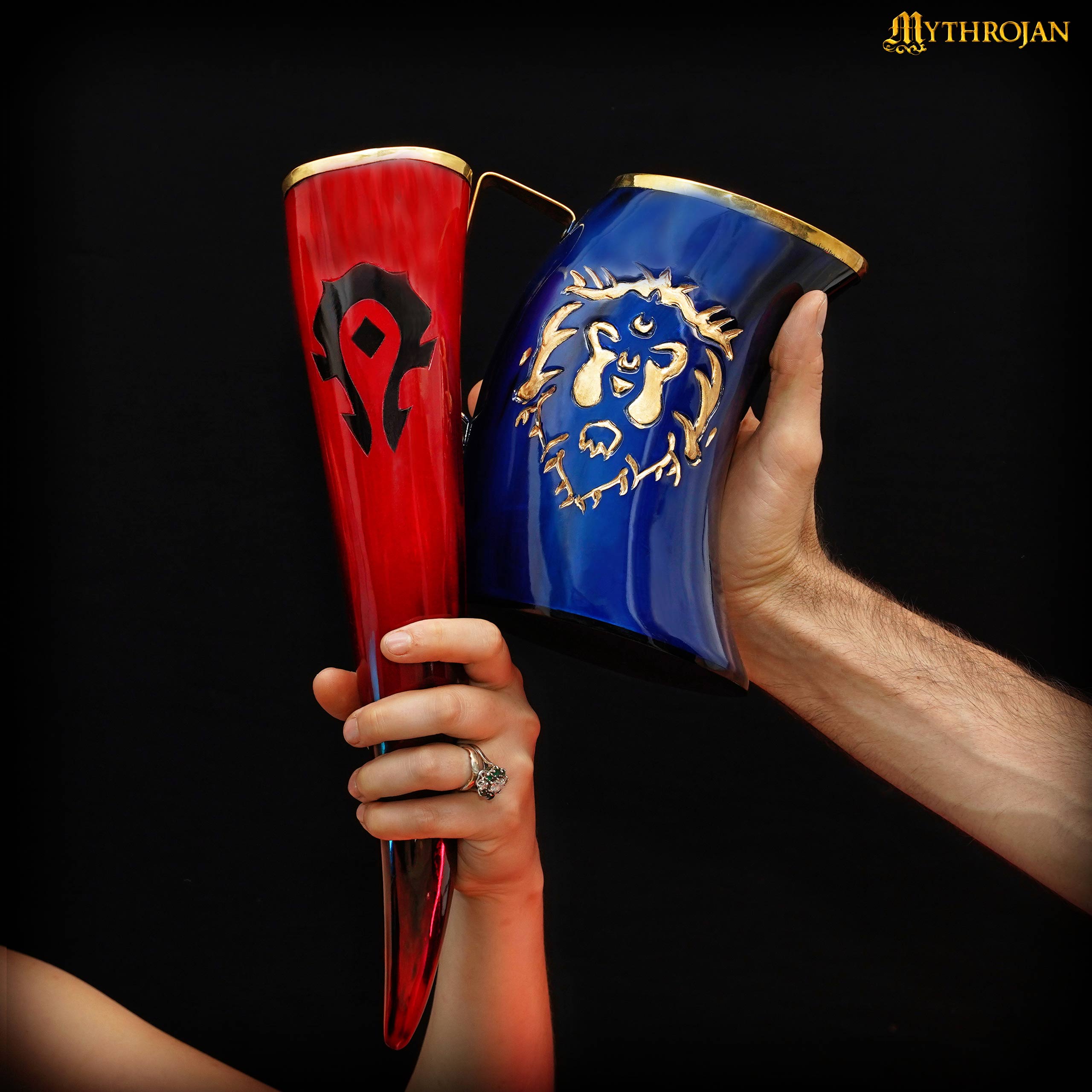 Mythrojan "For the HORDE" Drinking Horn : Mead Ale genuine Horn for Medieval Knight Elf ORC Undead LARP Cosplay RED, 500ml