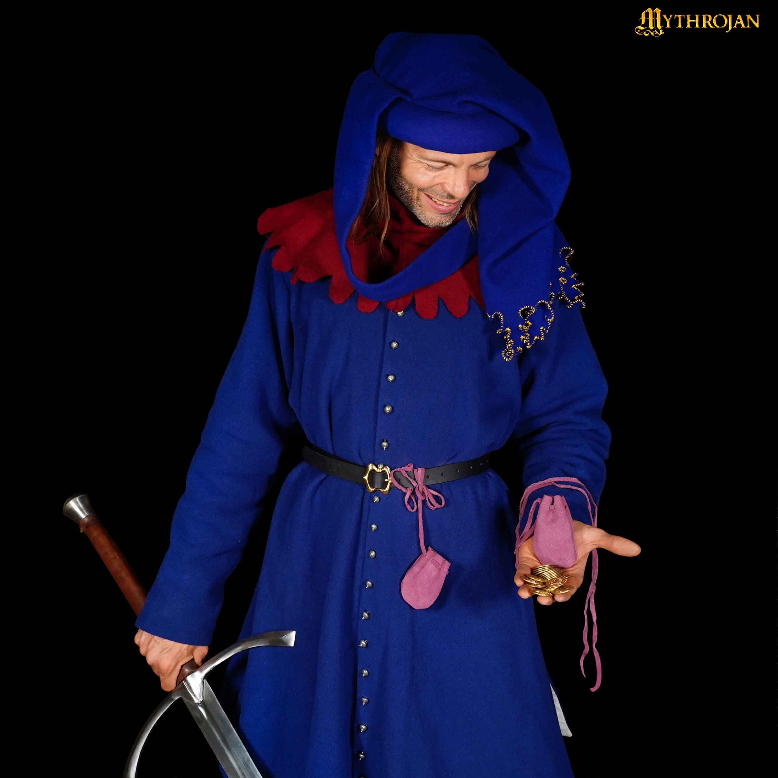 Mythrojan Pair of Medieval Drawstring Pouches, Ideal for SCA LARP Reenactment & Ren fair - Suede Leather, Purple