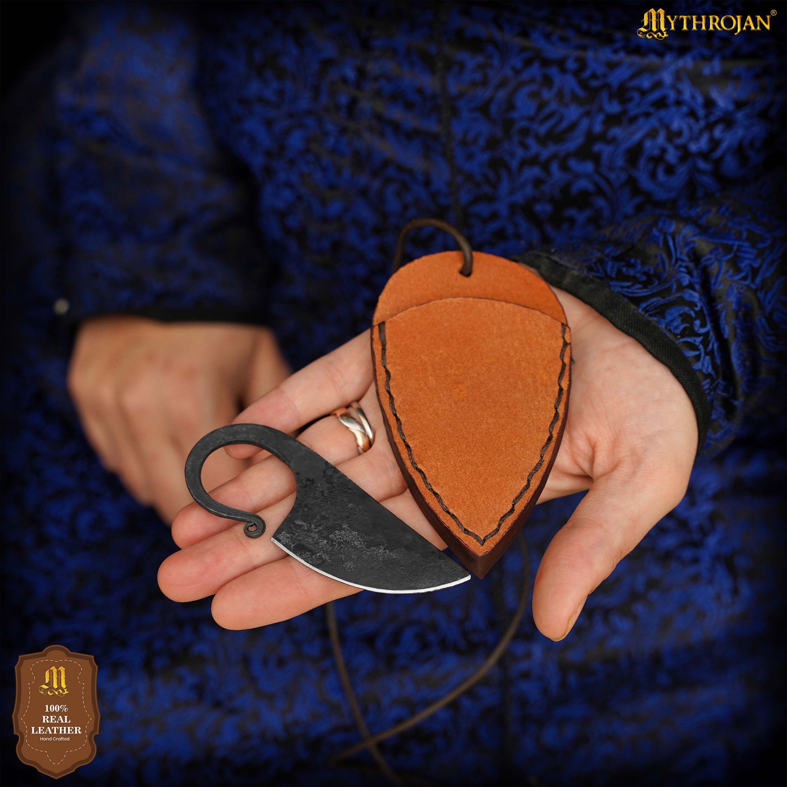 Mythrojan Celtic Ring Knife Hand Forged Necklace Knife with Tan Leather Sheath