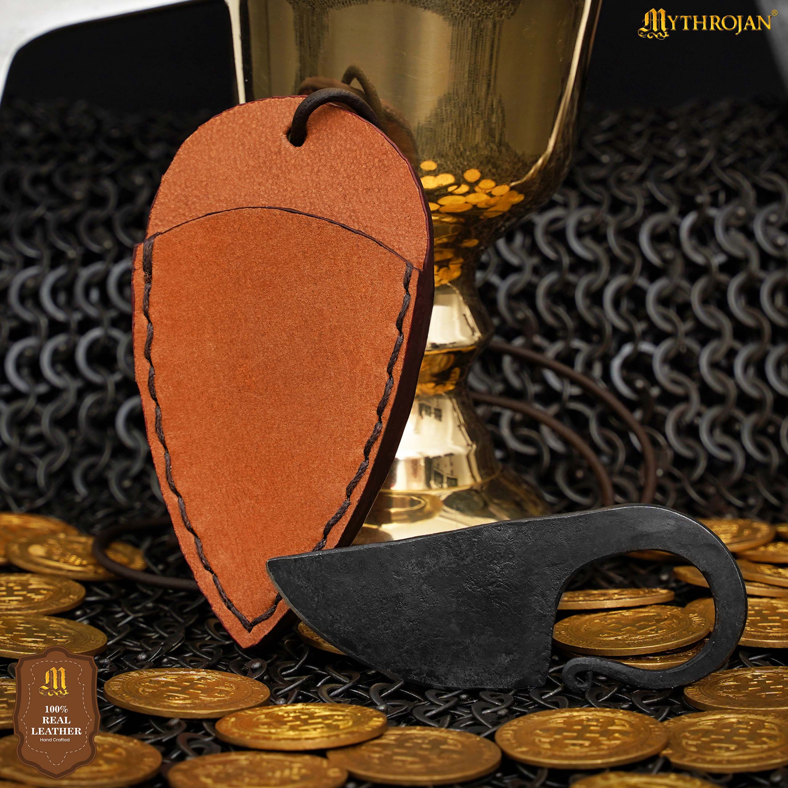 Mythrojan Celtic Ring Knife Hand Forged Necklace Knife with Tan Leather Sheath