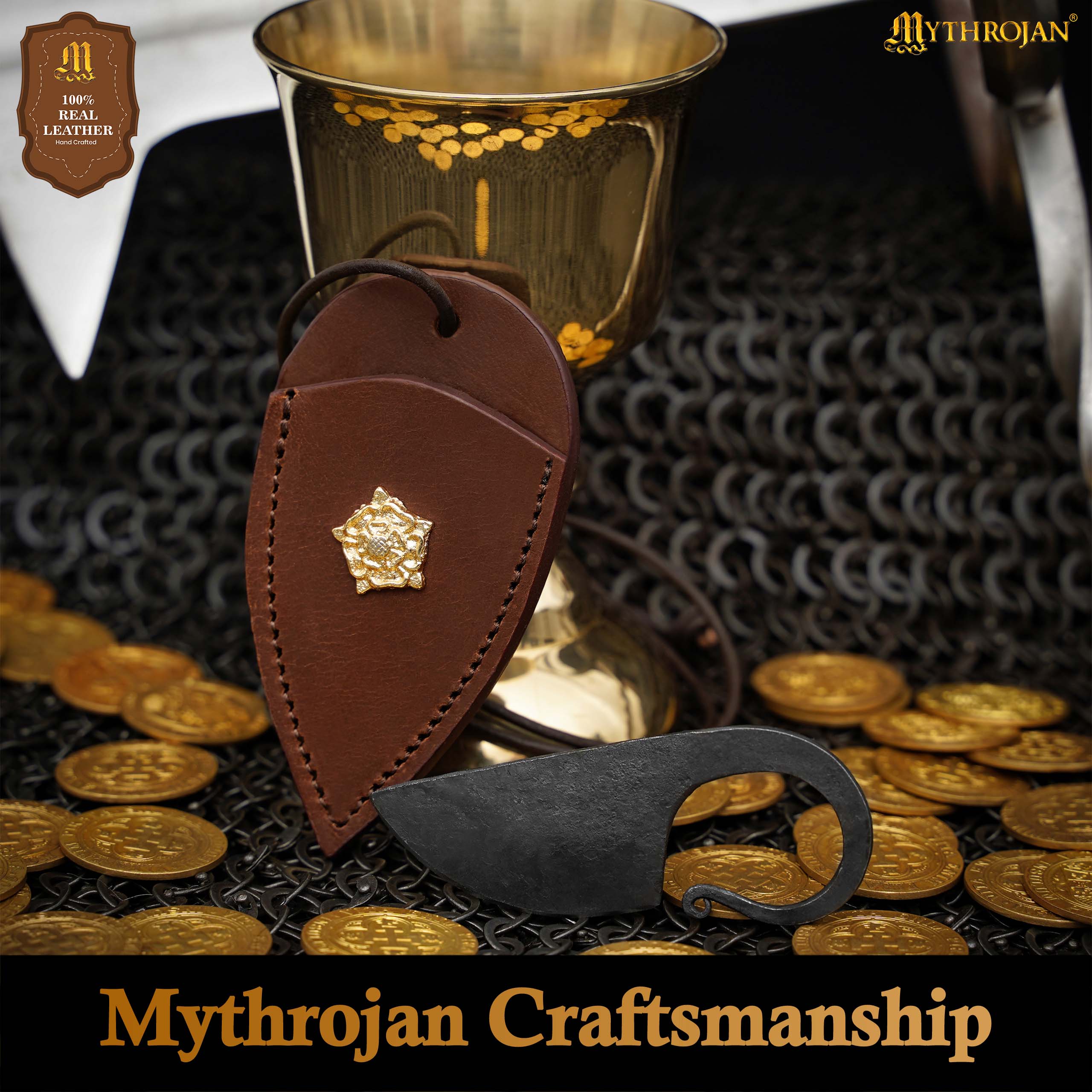 Mythrojan Celtic Ring Knife Hand Forged Necklace Knife with Brown Leather Sheath