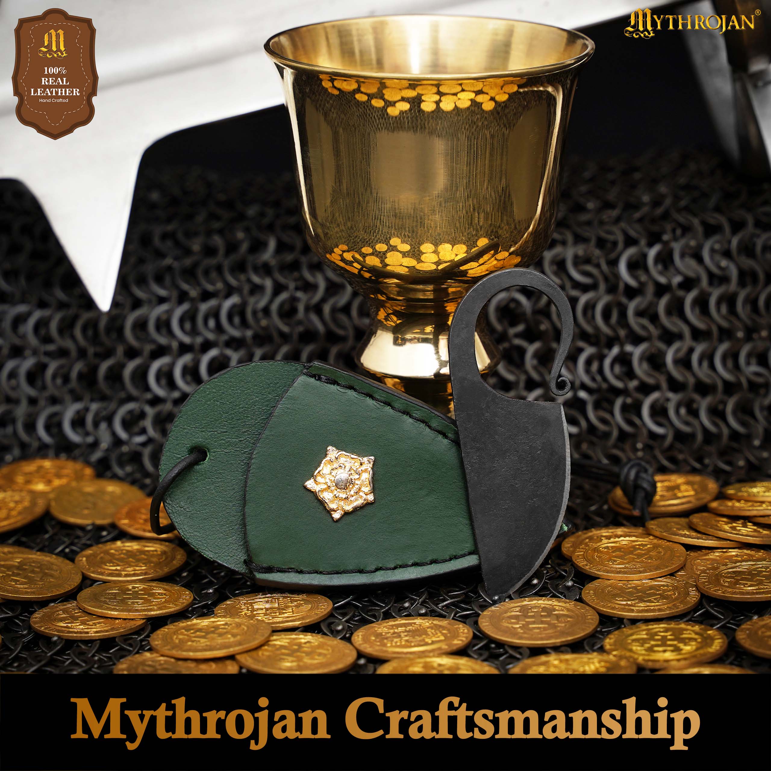 Mythrojan Celtic Ring Knife Hand Forged Necklace Knife with Green Leather Sheath
