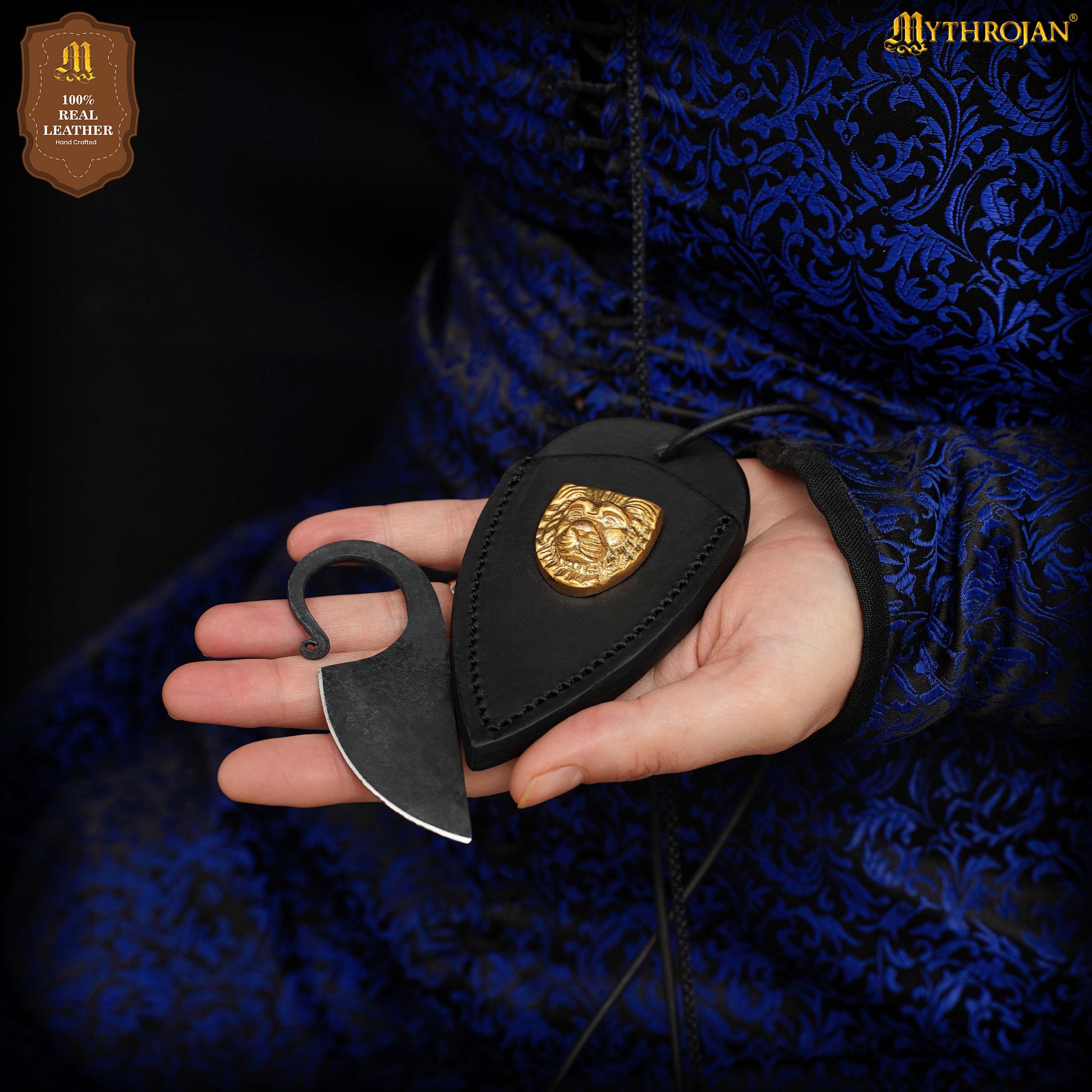 Mythrojan Celtic Ring Knife Hand Forged Knife Necklace with Black Leather Sheath