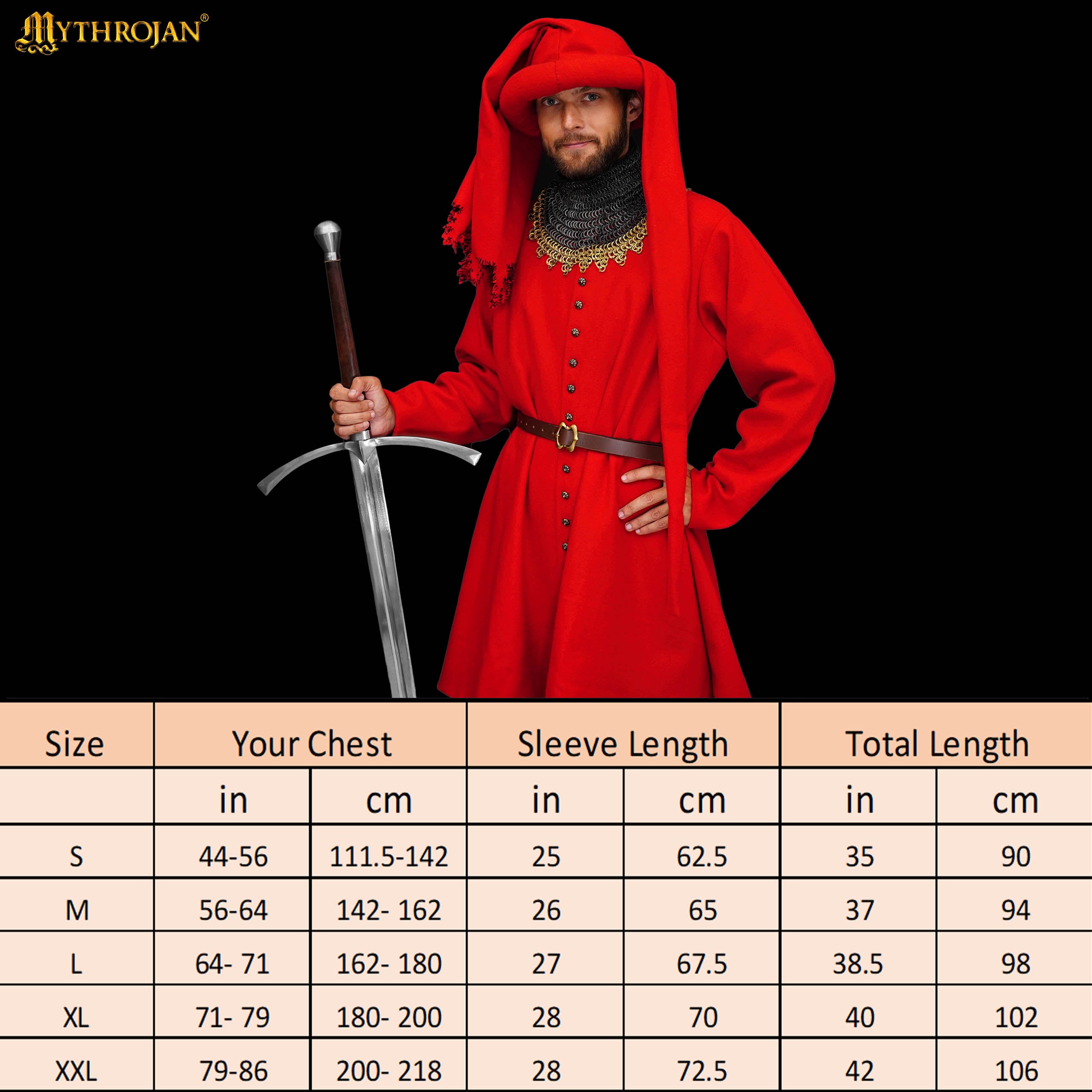 Mythrojan late medieval Houppelande gown, wool livery coat, ideal for 14 th & 15 th century Medieval reenactment, SCA, LARP