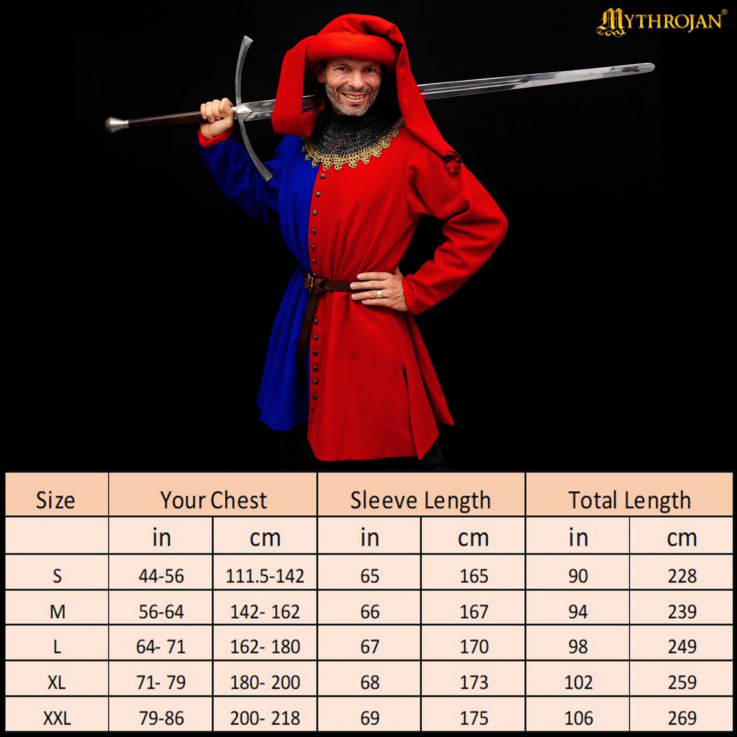 Mythrojan late medieval Houppelande gown, wool livery coat, ideal for 14 th & 15 th century Medieval reenactment, SCA, LARP