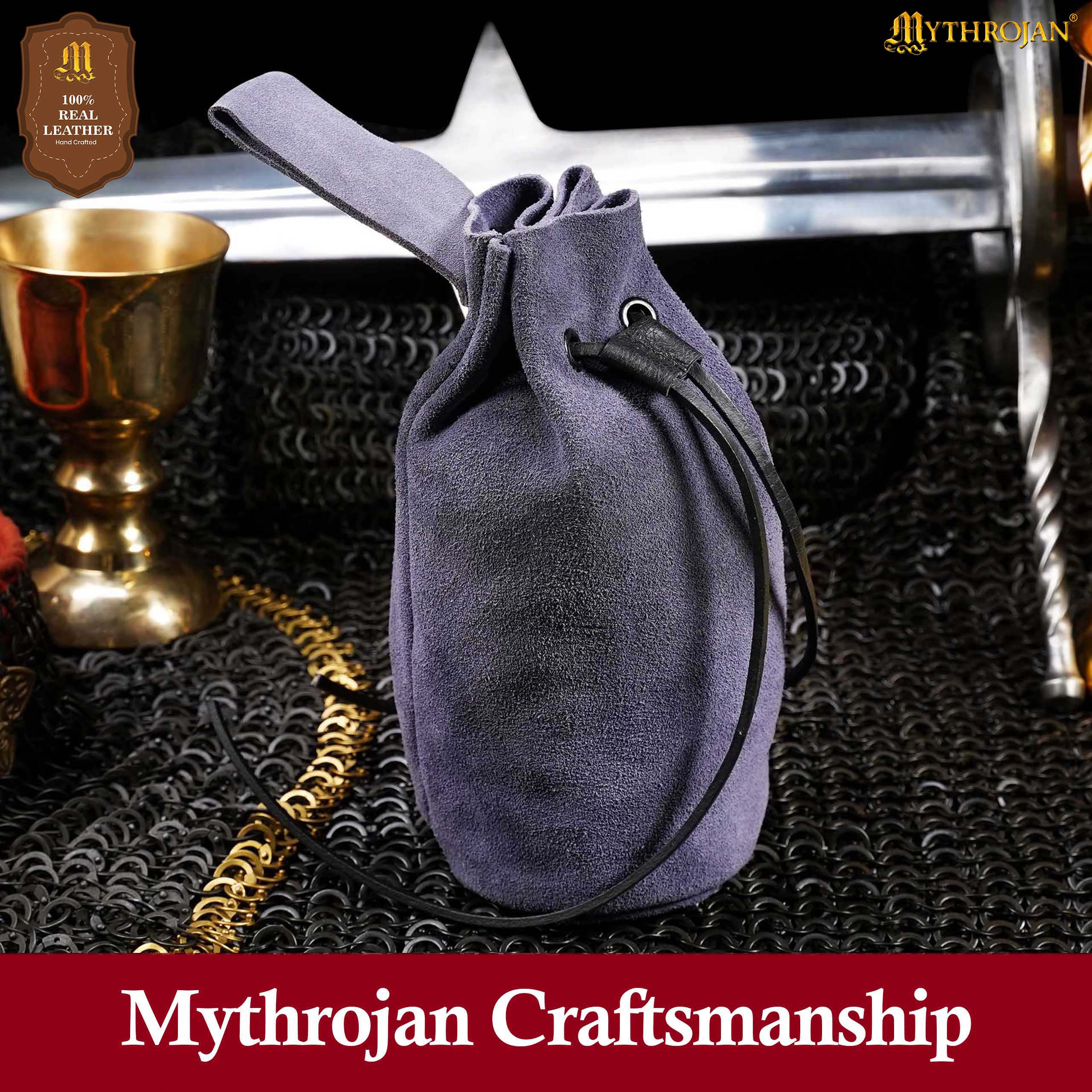 Mythrojan Medieval Drawstring Belt Bag, Ideal for SCA LARP Reenactment & Ren Fair, Suede Leather, Dark Blue, 8”×6.5”