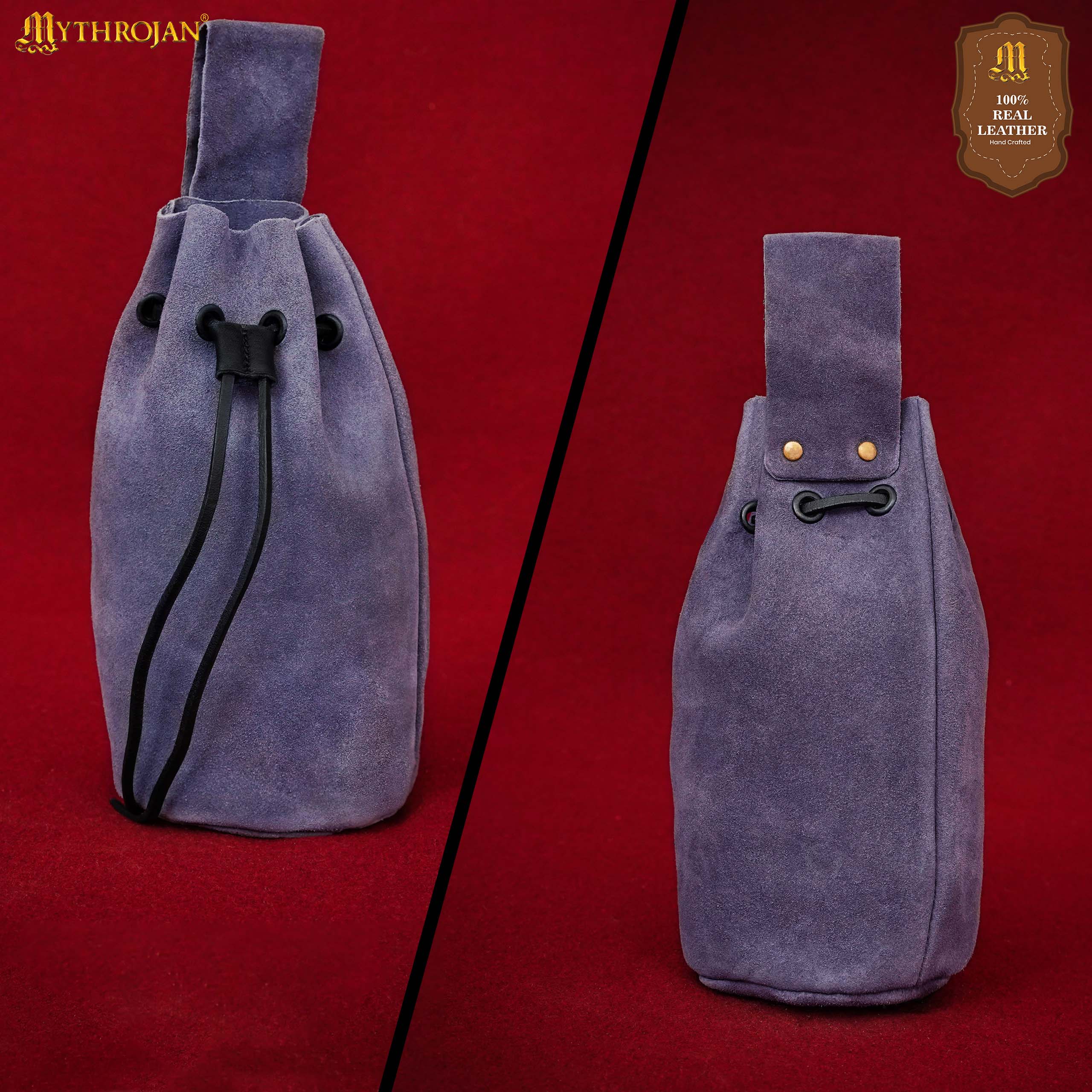 Mythrojan Medieval Drawstring Belt Bag, Ideal for SCA LARP Reenactment & Ren Fair, Suede Leather, Dark Blue, 8”×6.5”