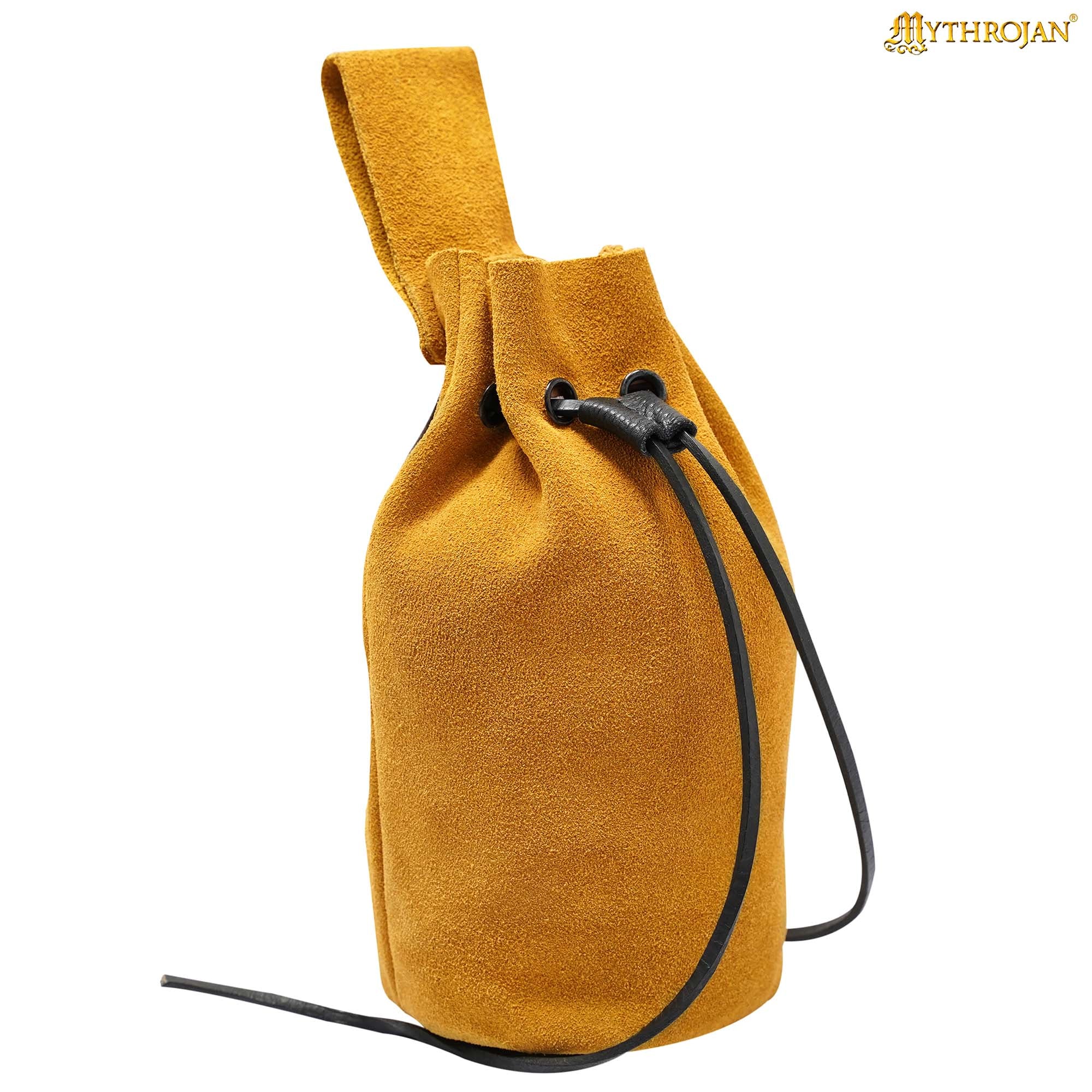 Mythrojan Medieval Drawstring Belt Bag, Ideal for SCA LARP Reenactment & Ren fair , Suede Leather , Yellow 8” ×6.5 ”