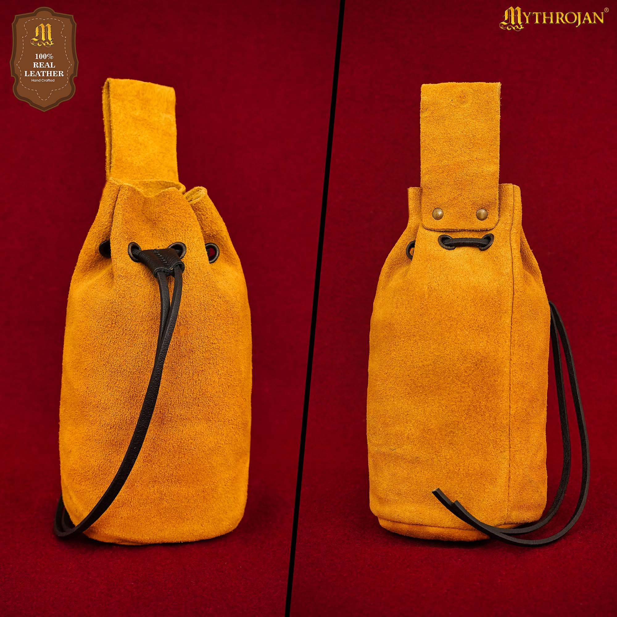 Mythrojan Medieval Drawstring Belt Bag, Ideal for SCA LARP Reenactment & Ren fair , Suede Leather , Yellow 8” ×6.5 ”