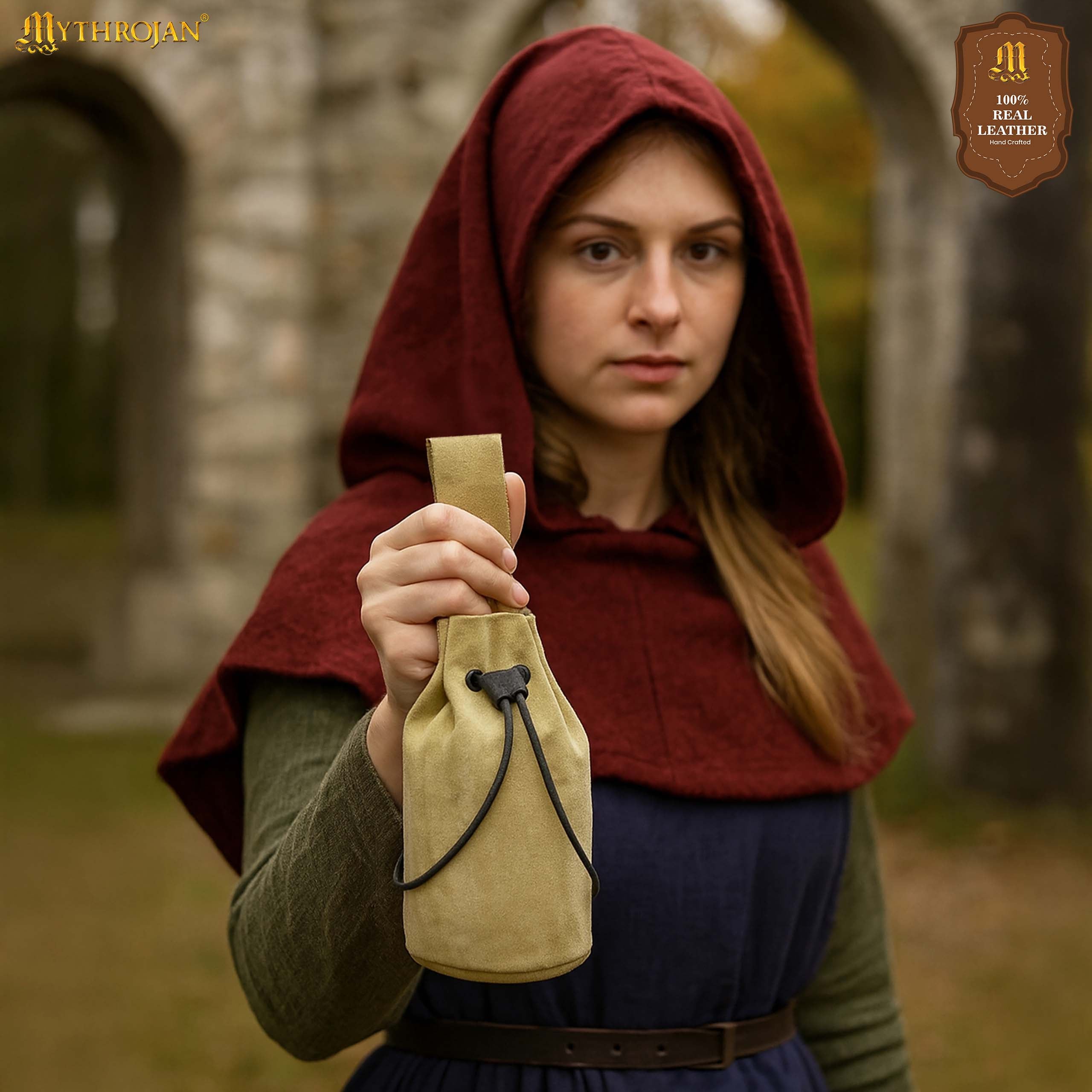 Mythrojan Medieval Drawstring Belt Bag, Ideal for SCA LARP Reenactment & Ren Fair, Suede Leather, Light Green 8”×6.5”