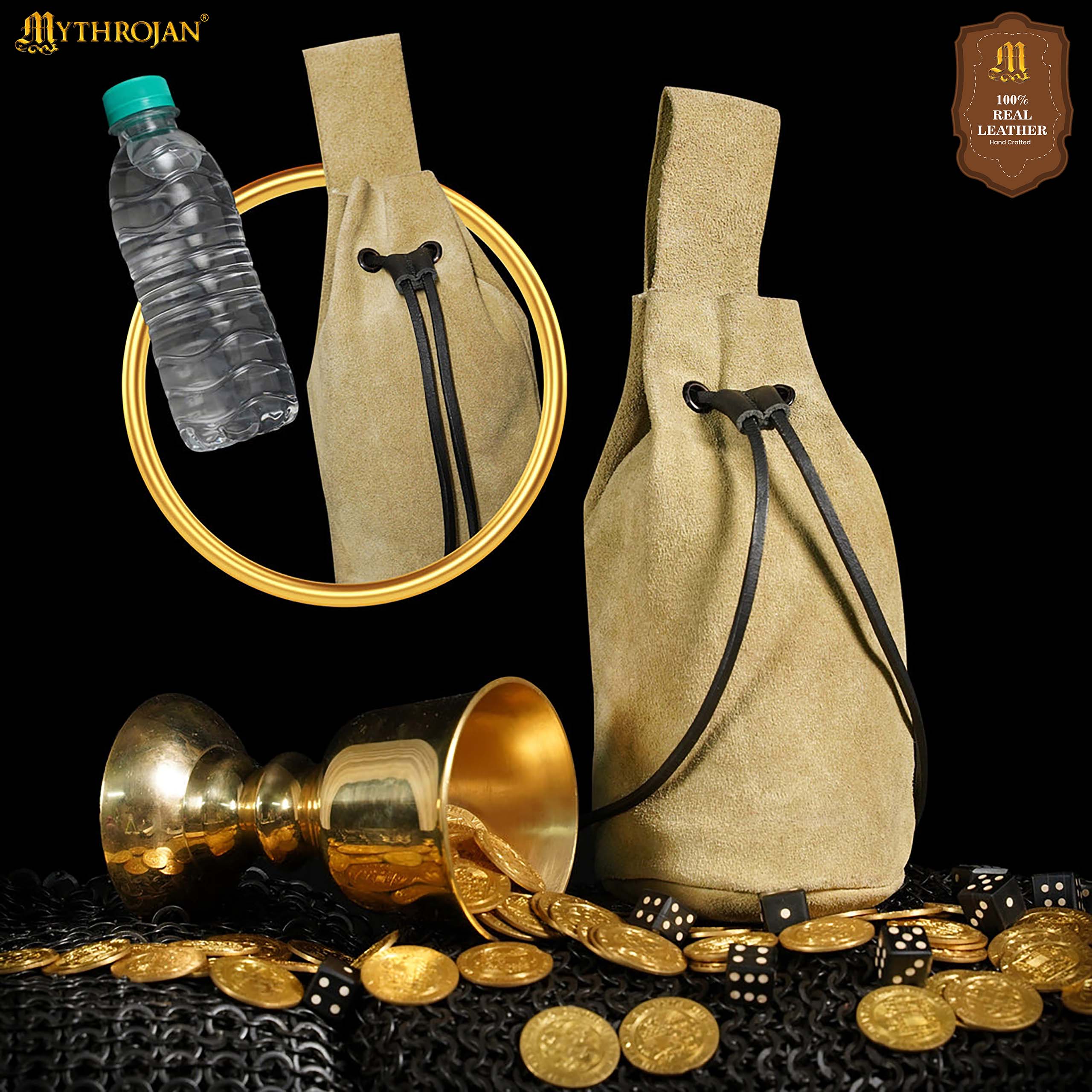 Mythrojan Medieval Drawstring Belt Bag, Ideal for SCA LARP Reenactment & Ren Fair, Suede Leather, Light Green 8”×6.5”