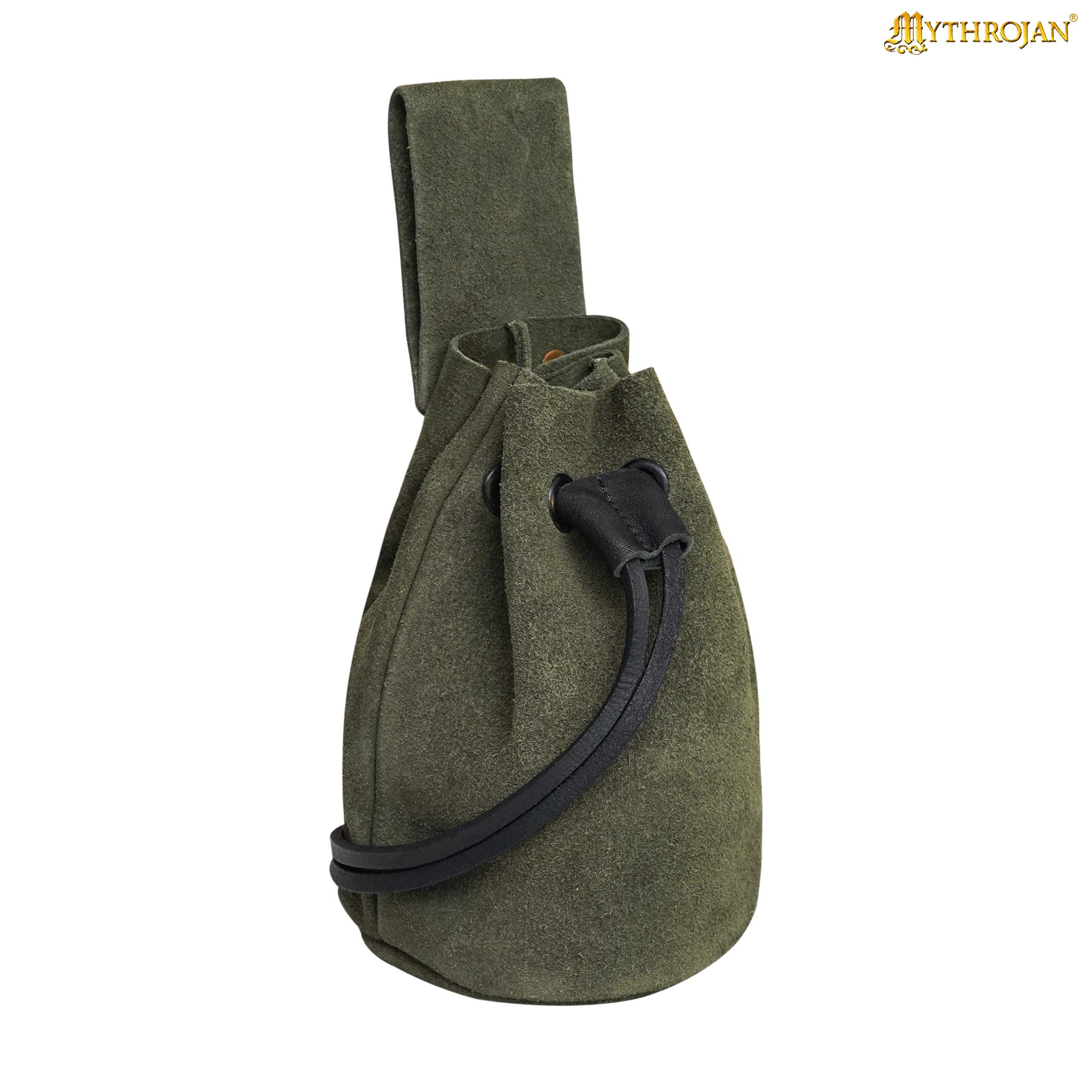 Mythrojan Medieval Drawstring Belt Bag, Ideal for SCA LARP Reenactment & Ren Fair, Suede Leather, Sage 6”×5”