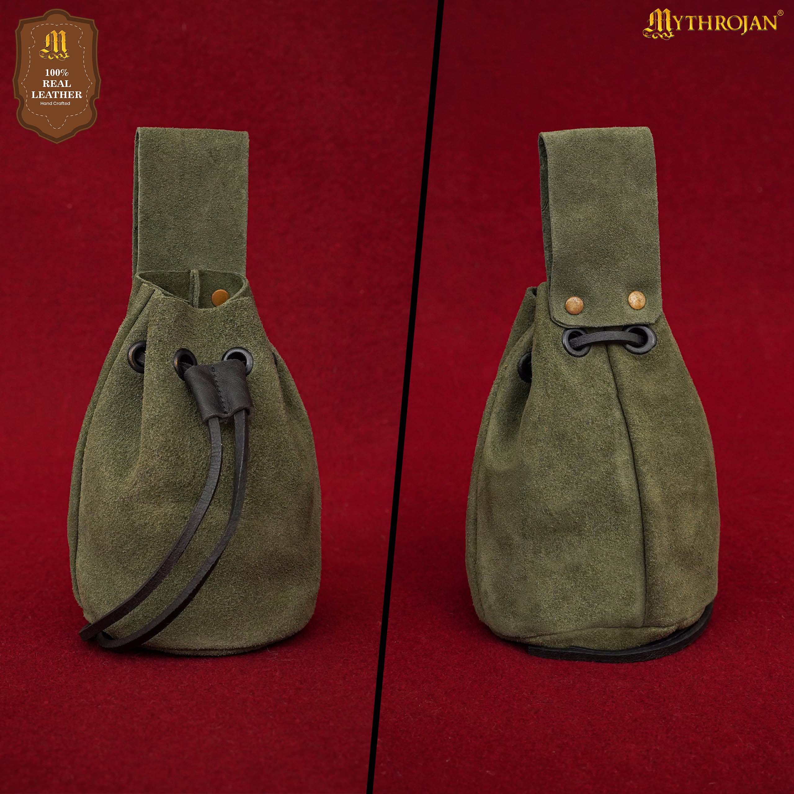 Mythrojan Medieval Drawstring Belt Bag, Ideal for SCA LARP Reenactment & Ren Fair, Suede Leather, Sage 6”×5”