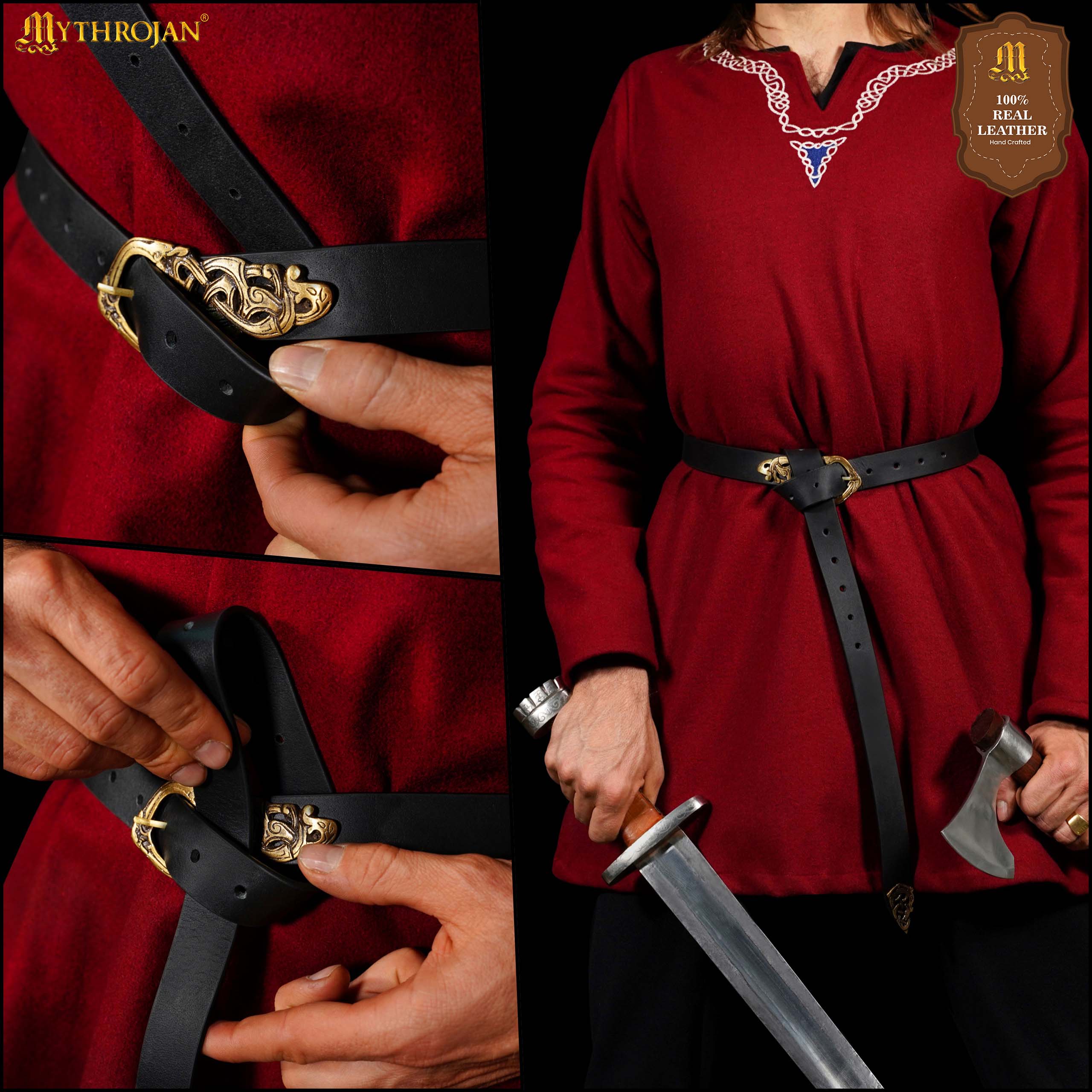 Mythrojan “ Midgard serpent” Viking Leather Belt with Solid Brass Buckle and Chape, Ideal for Shieldmaiden & Warrior in LARP SCA Medieval Reenactment, BLACK