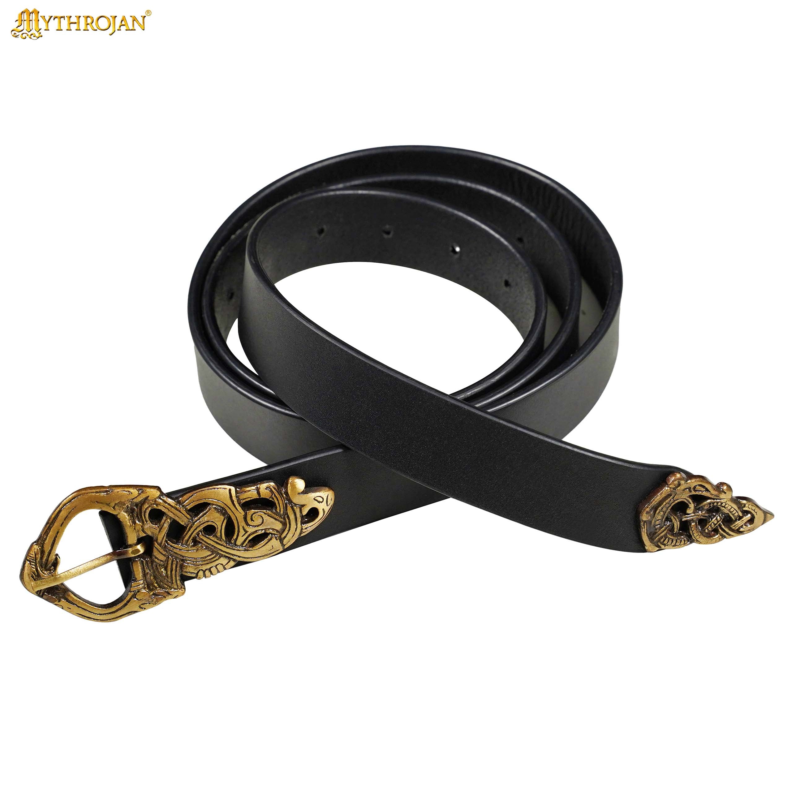 Mythrojan “ Midgard serpent” Viking Leather Belt with Solid Brass Buckle and Chape, Ideal for Shieldmaiden & Warrior in LARP SCA Medieval Reenactment, BLACK