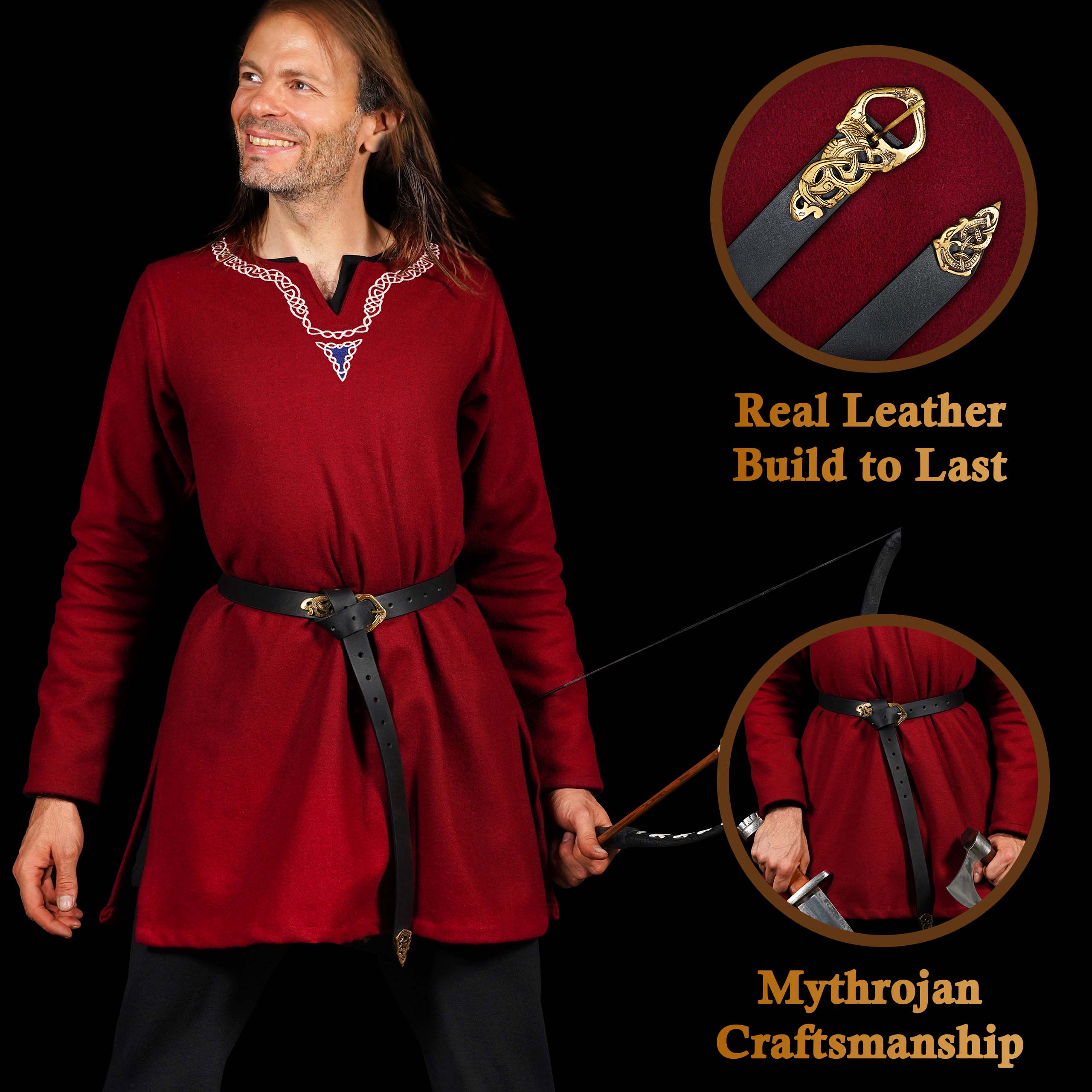 Mythrojan “ Midgard serpent” Viking Leather Belt with Solid Brass Buckle and Chape, Ideal for Shieldmaiden & Warrior in LARP SCA Medieval Reenactment, BLACK